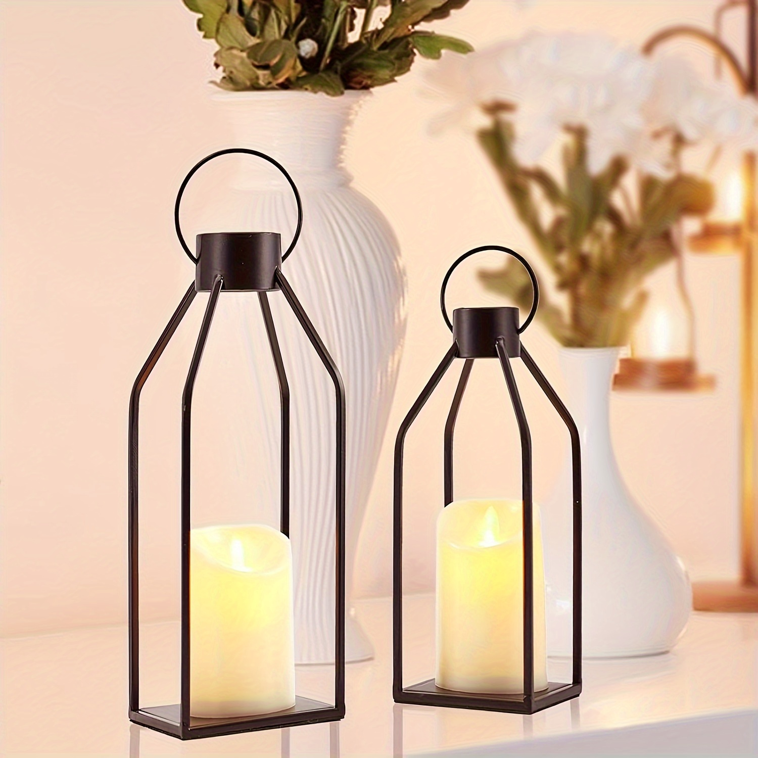 

2pcs/set Black Metal Candle Lanterns, Modern Farmhouse Lanterns Decoration, Suitable For Living Room, Family, Indoor, Outdoor, Table, Fireplace Cloak Decoration, Excluding Candles