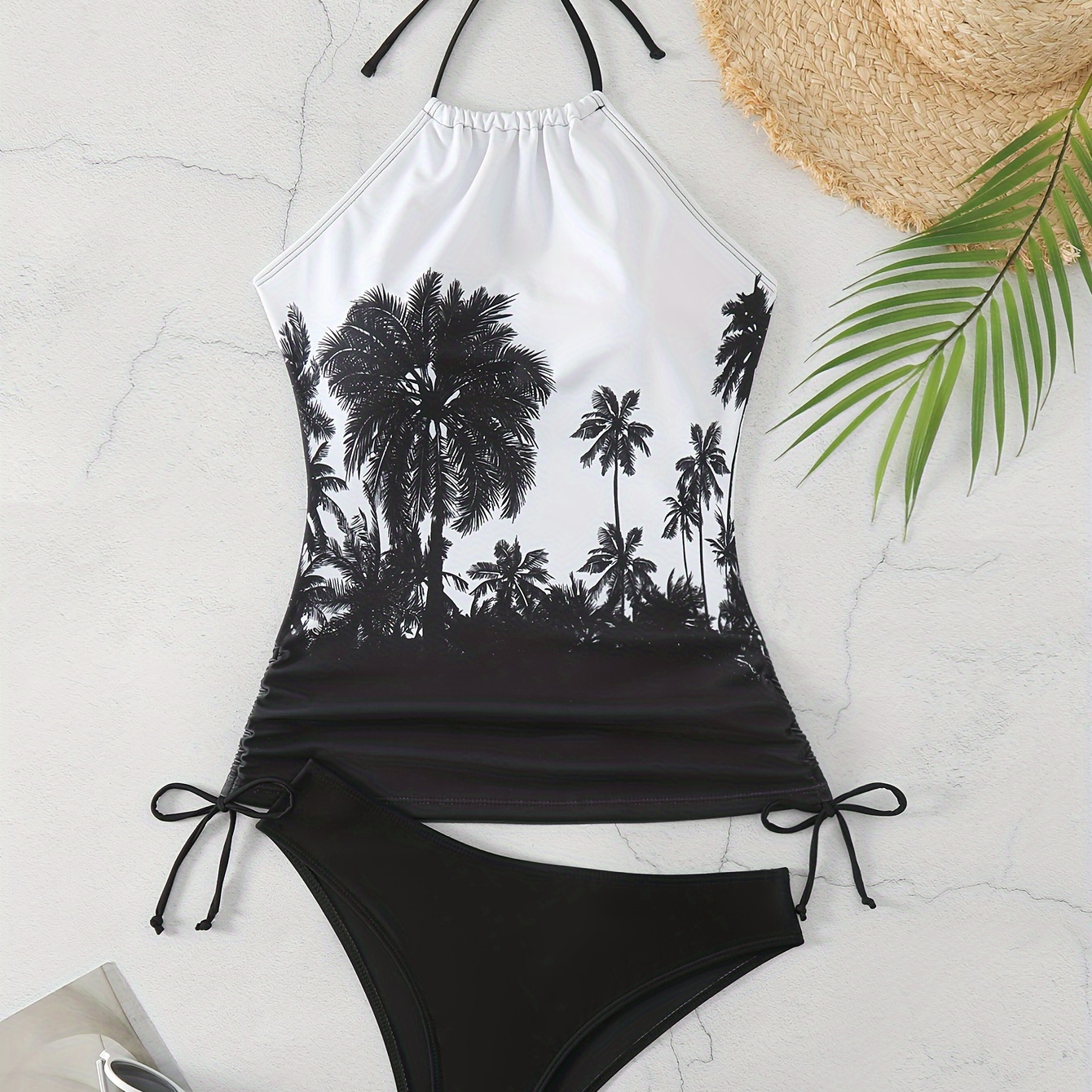 

Coconut Tree Print Tankini Sets, Halter Round Neck Drawstring Tie Side High Cut 2 Pieces Swimsuit, Women's Swimwear & Clothing