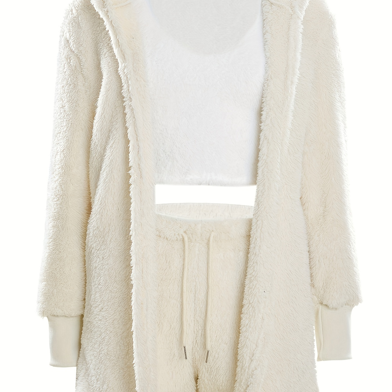 

Warm Fuzzy Pajama Set, Long Sleeve Hooded Robe & Tank Top & Drawstring Shorts, Women's Sleepwear & Loungewear