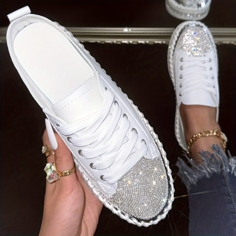 

Glittering Rhinestone Women's Sneakers, Fashionable Platform Casual Shoes, Comfortable Versatile White Lace-up Flats