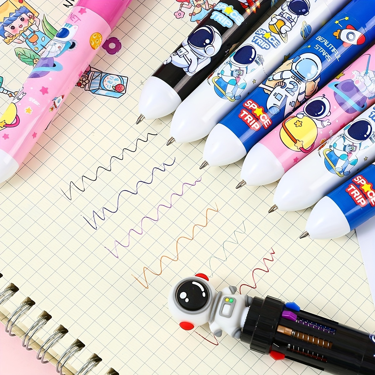 

5pcs Astronaut Ballpoint Pens, Multicolor 10-color Retractable Medium Point Pens, Plastic Round Body Shape, Ideal For Students And Writing - Age 14+