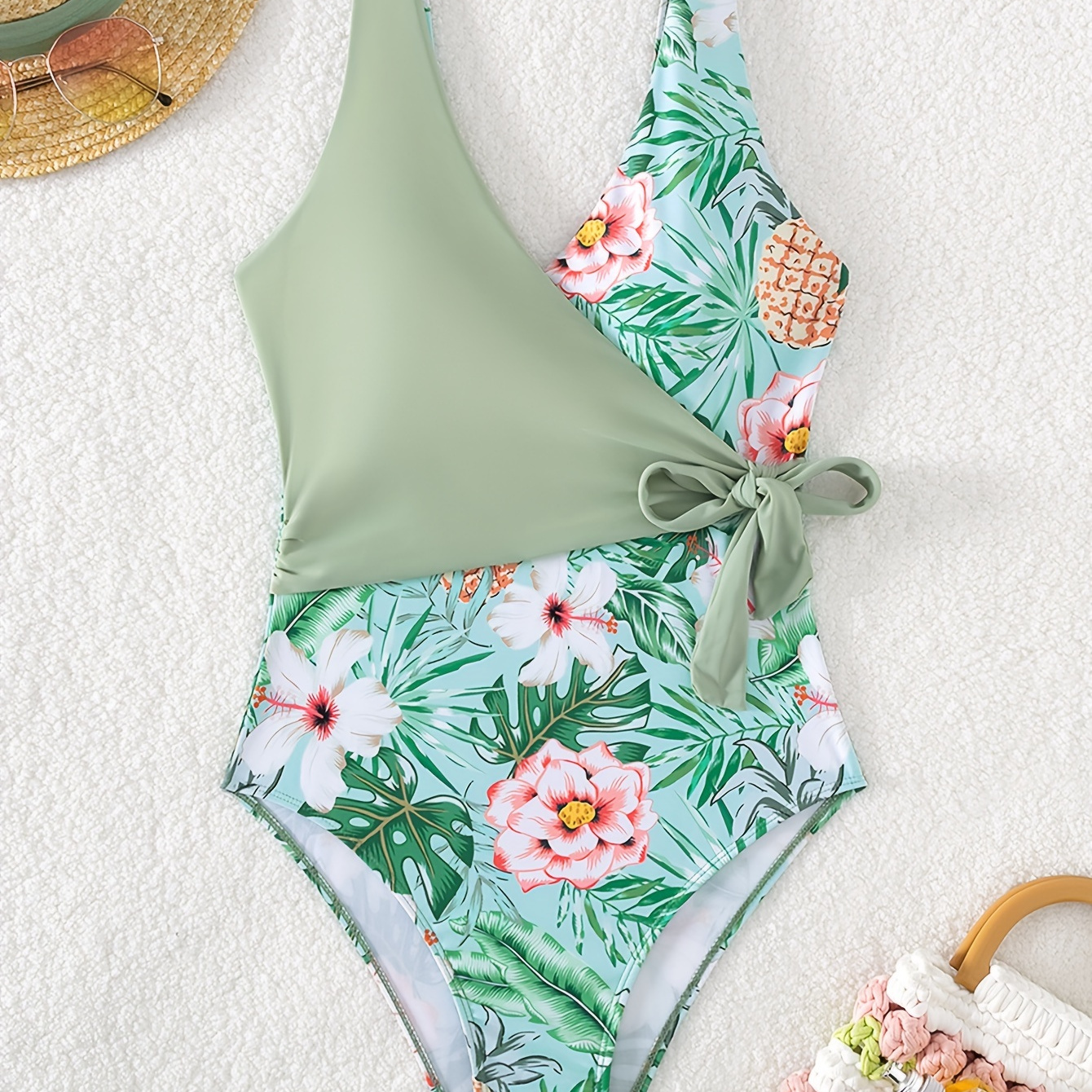 

Floral Print Layered Tie Side 1 Piece Swimsuit, High Cut Plunge Monokini Suit, Women's Swimwear & Clothing