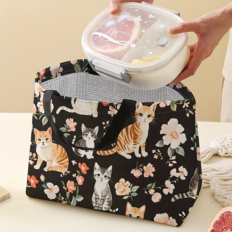 

Cute Cat Print Insulated Lunch Bag - Reusable, Leak-proof Tote For Office, Work, Beach & Travel - Double-sided Design, Hand Washable Polyester