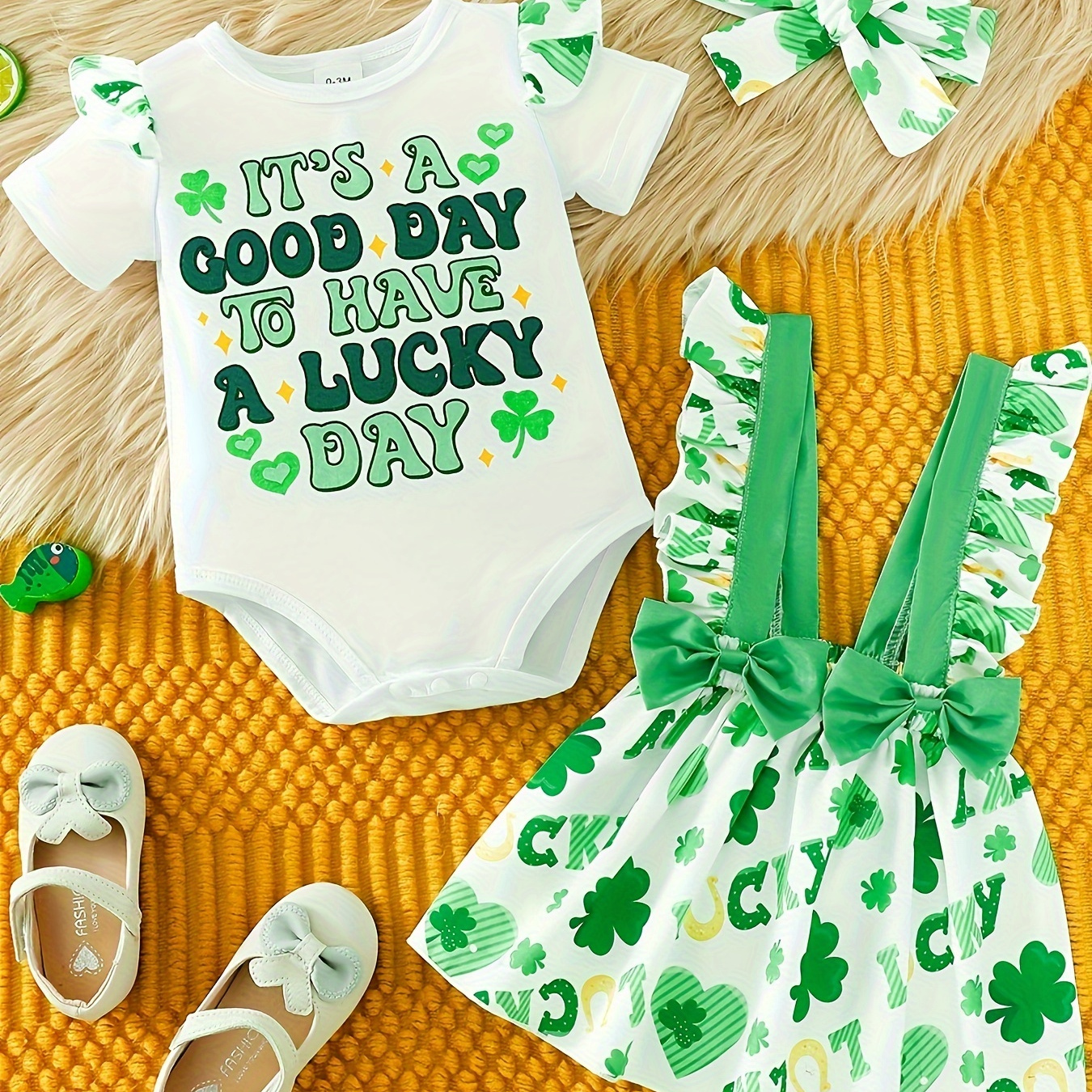 Infant Baby Christmas Outfit Crew Neck Long Sleeve Romper + Green