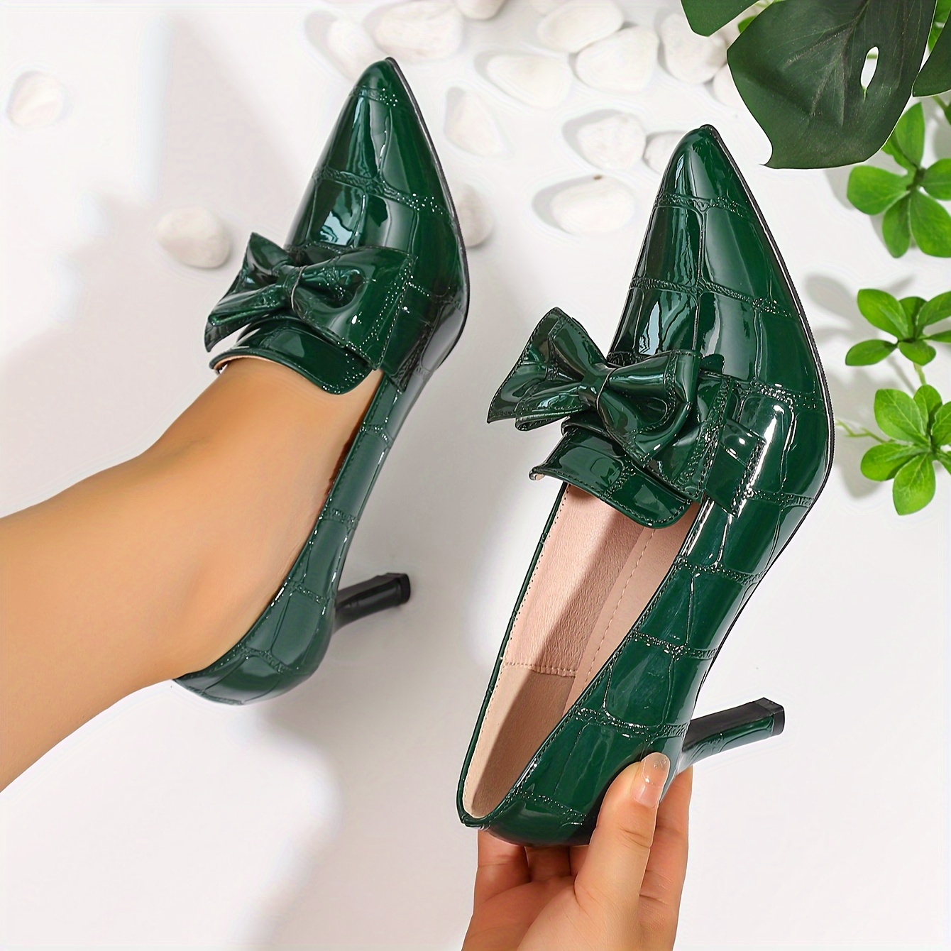 

Chic Green Kitten Heel Pumps For Women - Elegant Bowknot, Pointed Toe Dress Shoes With Faux Cover Upper &