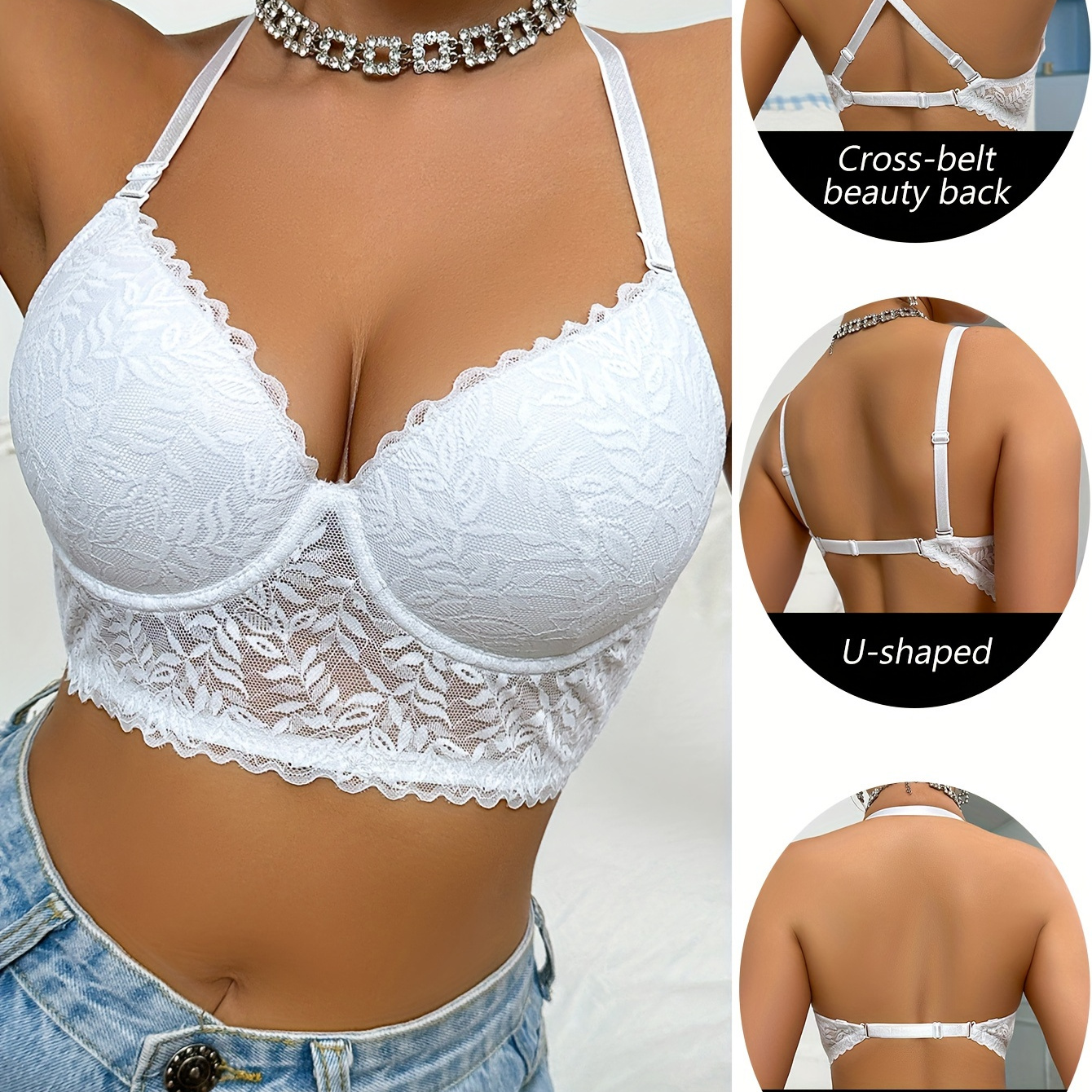 

Solid Scallop Trim Seamless Floral Lace Semi Sheer Underwire Bra, Sexy Comfy Push Up Bra, Women's Lingerie & Underwear