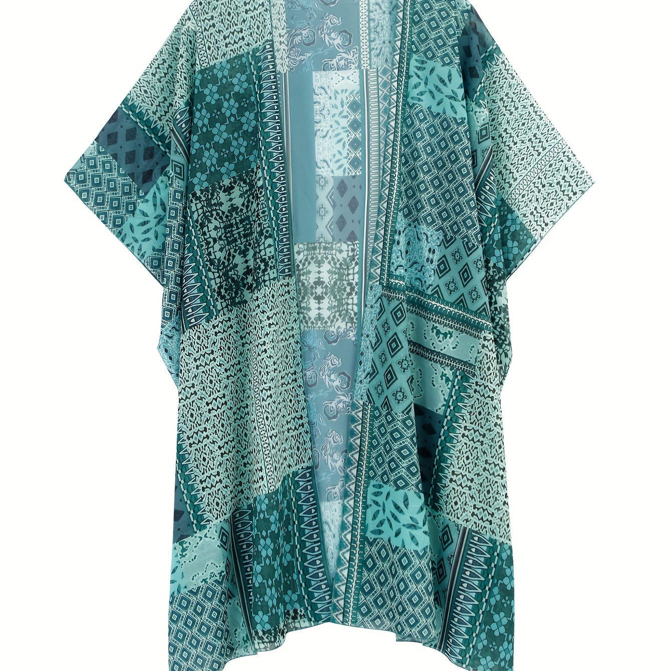 

Elegant Allover Print Open Front Cover Up, Half Sleeve Green Boho Split Kimono, Women's Swimwear & Clothing For Holiday