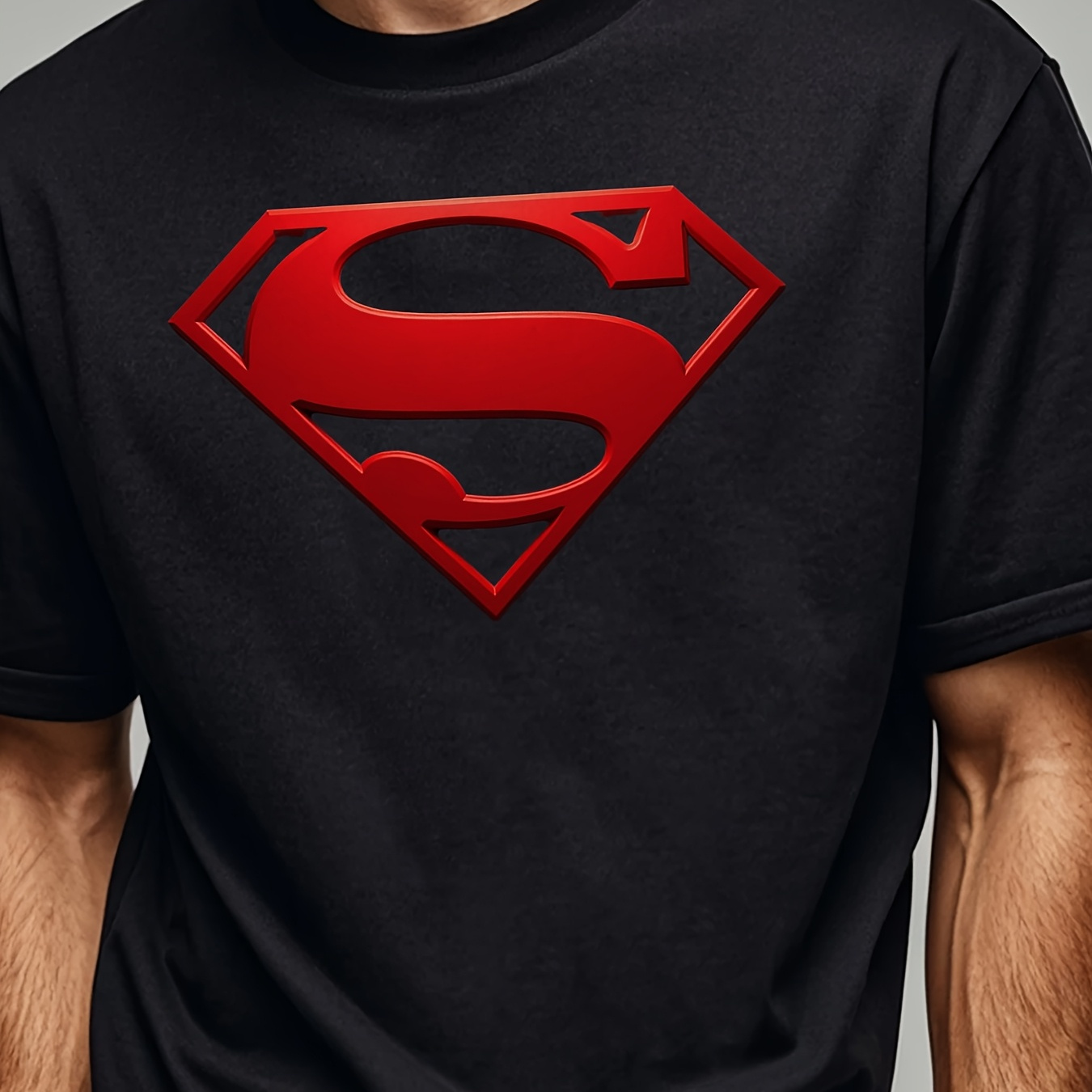 TEMU Men's Superman Logo Red Graphic Print T-shirt From The League, Casual Short Sleeve Tee For Summer Wear