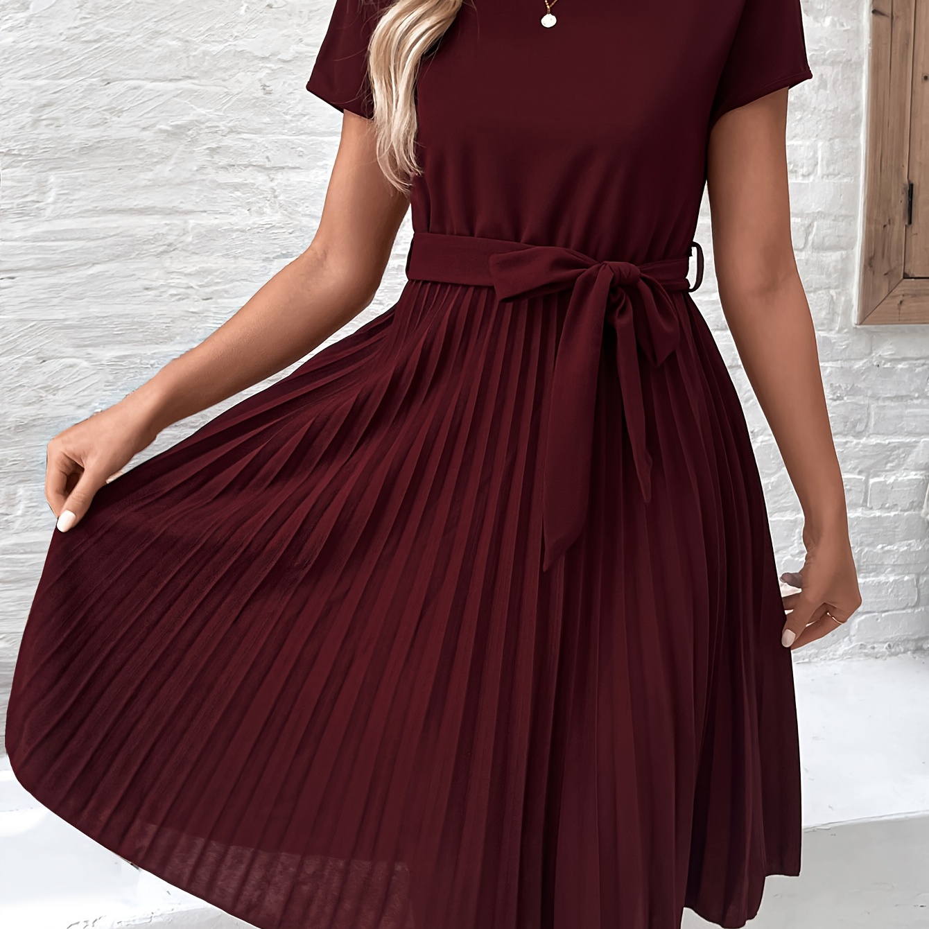 

Solid Color Crew Neck Belted Dress, Elegant Short Sleeve Pleated Dress For Spring & Summer, Women's Clothing