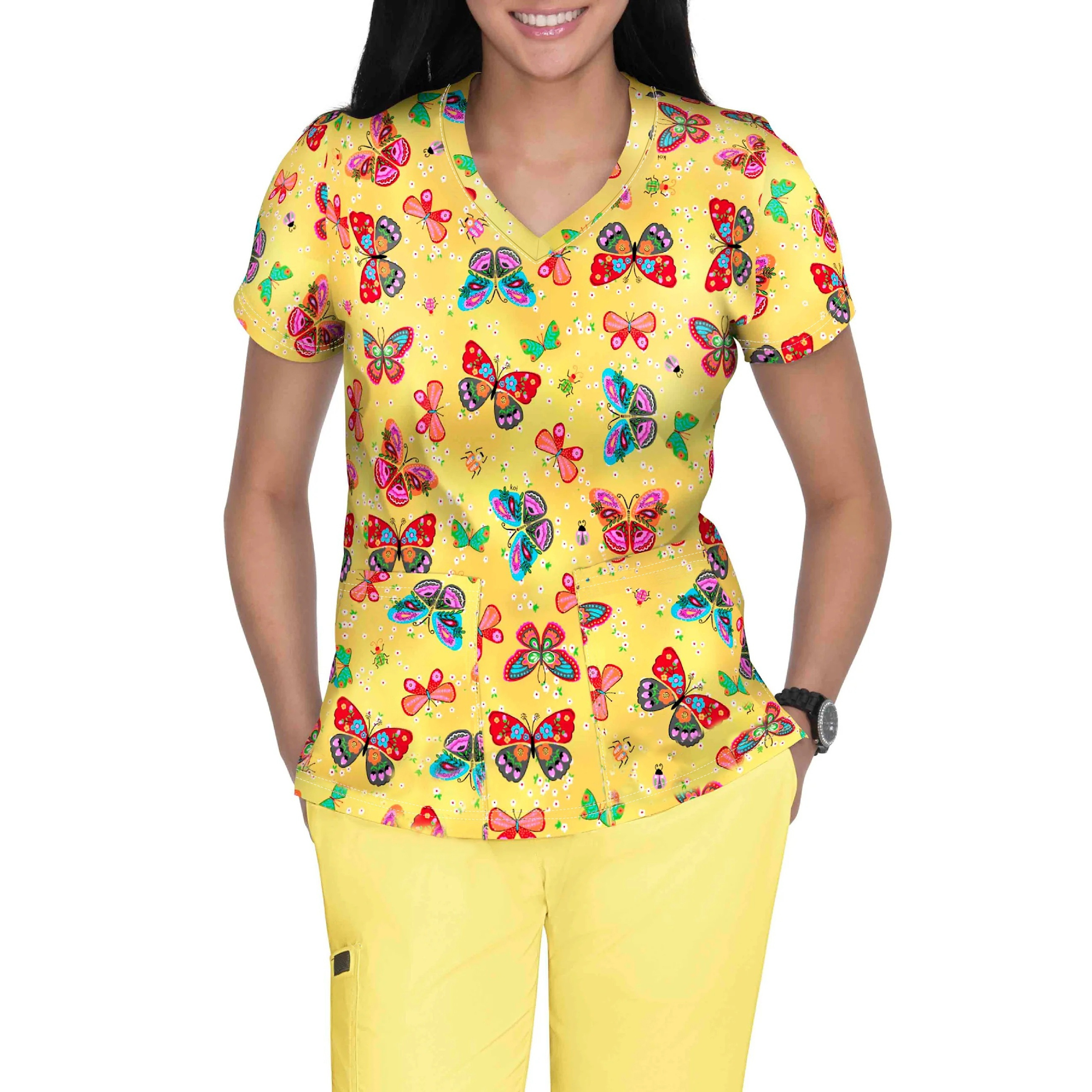 

Chic Butterfly Print V-neck Scrub Top For Women - Stretchy Nylon Blend, Short Sleeve With Pockets, Perfect For Nurses & Healthcare Professionals Flutter Sleeve Tops For Women For Women