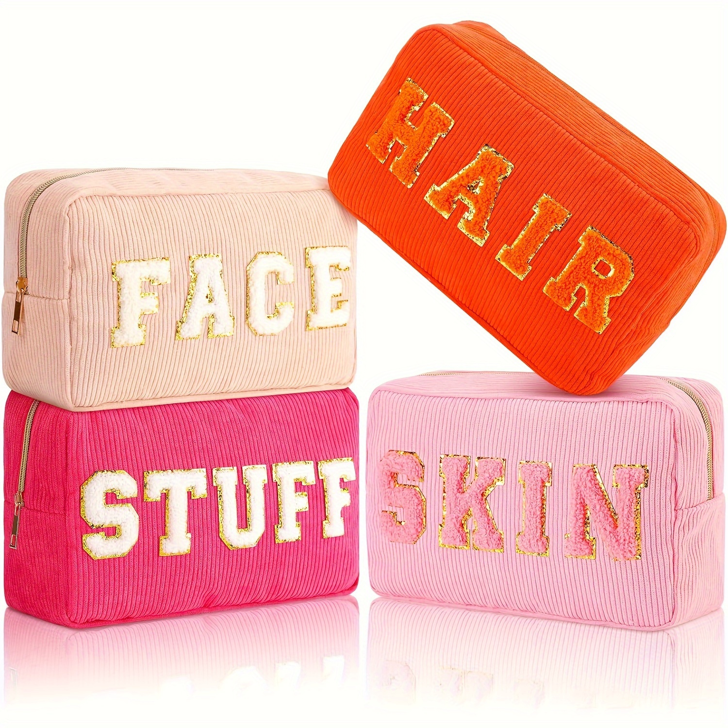 

4pcs Preppy Makeup Bags Chenille Letter Patch Bag Face Skin Hair Stuff Aesthetic Cosmetic Bag Corduroy Nylon Cosmetic Bag Birthday Gifts For Women