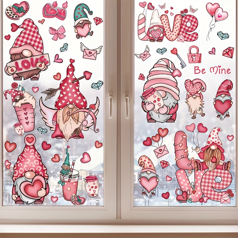 

71pcs Valentine's Day Window Clings, Gnomes Heart Decal, Party Decor Ornaments, Double-sided Window Decor For Valentine's Day Wedding Anniversary Home Office School Decor, Party Supplies