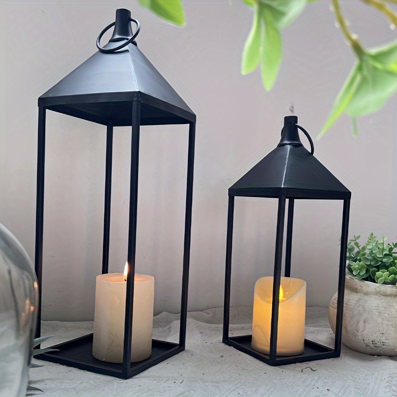 

2pcs Set Black Metal Candle Lanterns - Vintage Style Hanging Lights For Indoor & Outdoor Events, Parties, And Weddings