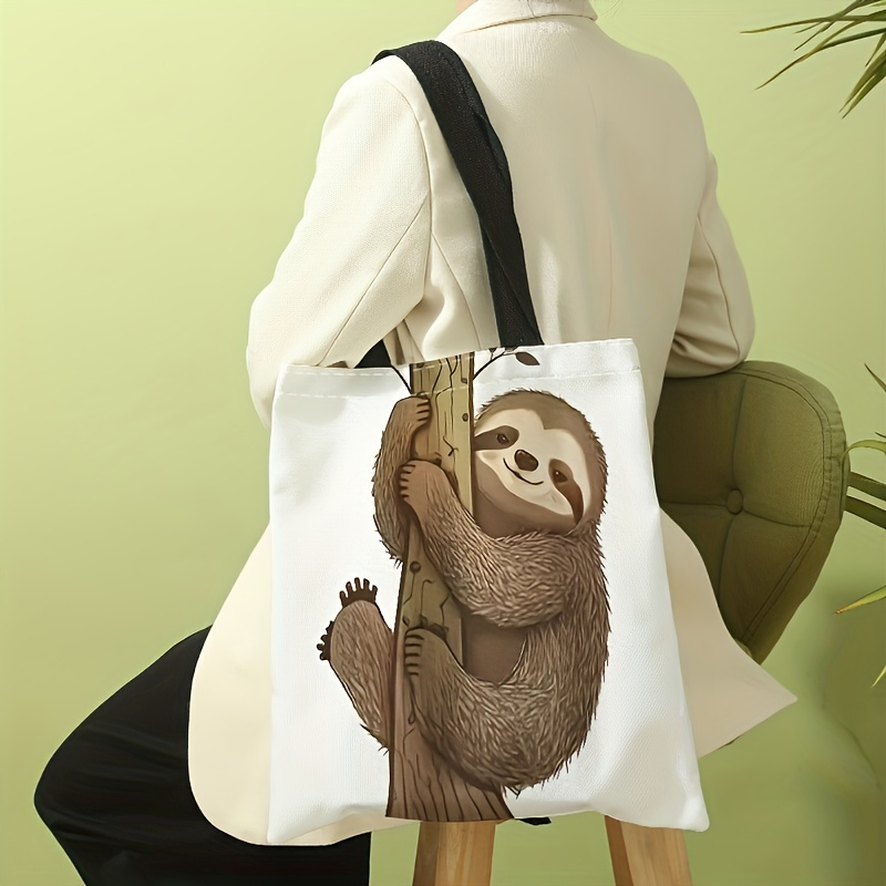 

Rustic Canvas Tote Bag With Sloth Print, Large Capacity Shoulder Shopping Bag, Reusable Casual Travel Beach Bag For Women