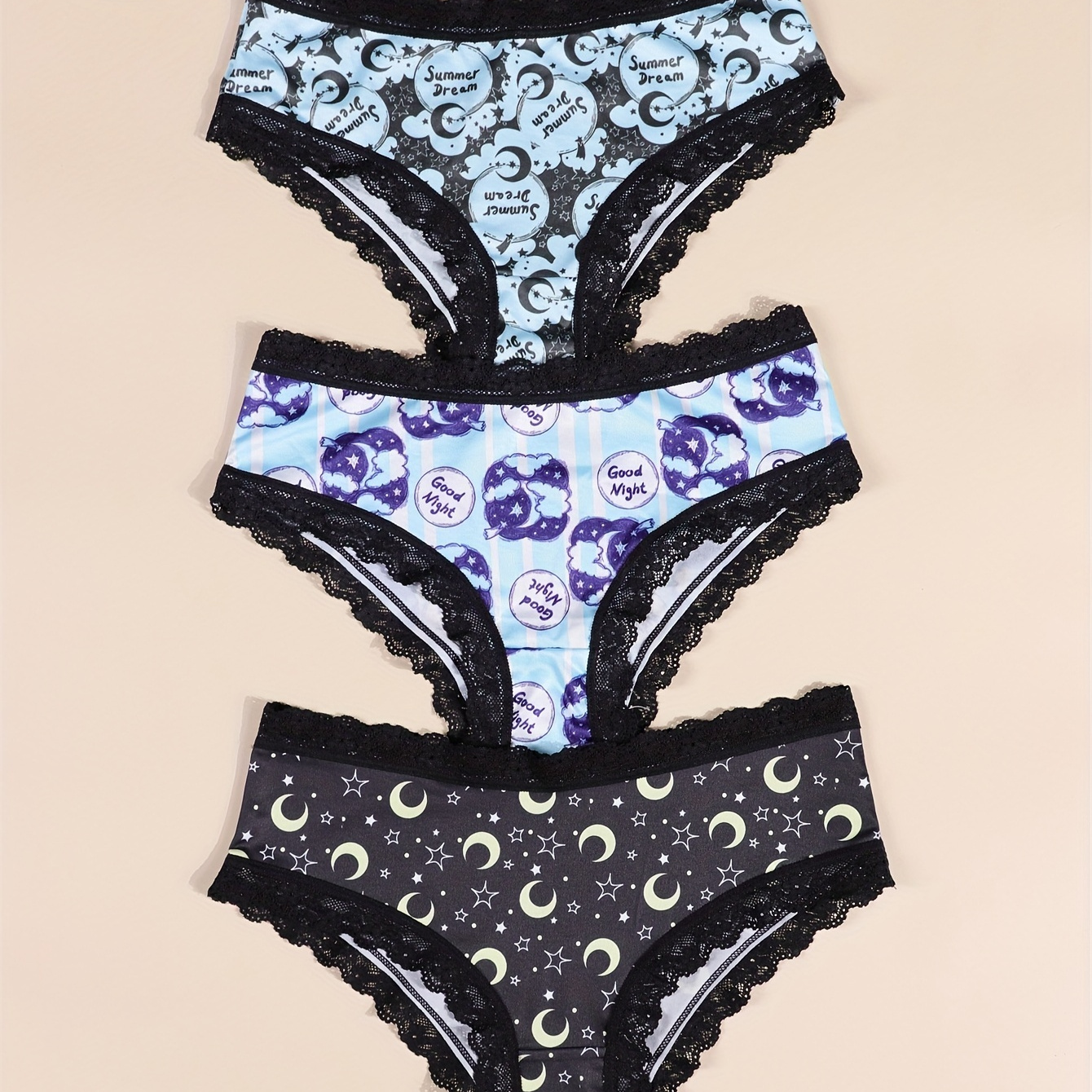 

3pcs Romantic Contrast Lace Trims Hipster Panties Set, Boho Style Allover Stars & Moons & Planet & Starry Sky & Crescent Print Intimates Brief Panties, Women's Underwear & Lingerie