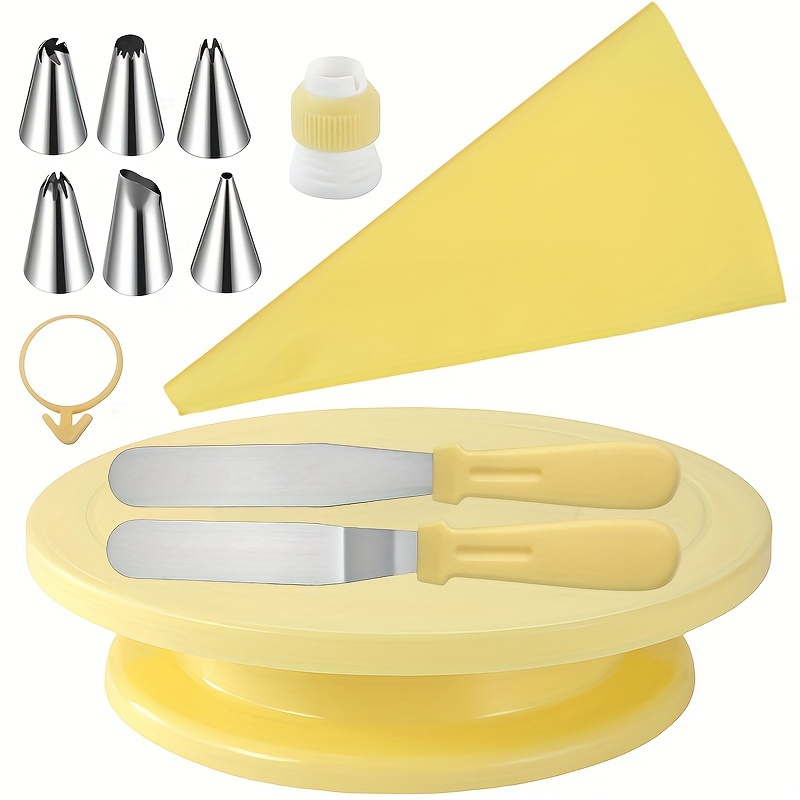 

12-piece Cake Decorating Supplies Set With Rotating Turntable, 6 Stainless Steel Piping Tips, Reusable Eva Piping Bag, Coupler, Icing Spatula, Smoother - Durable Baking Tools For Decorating Cakes