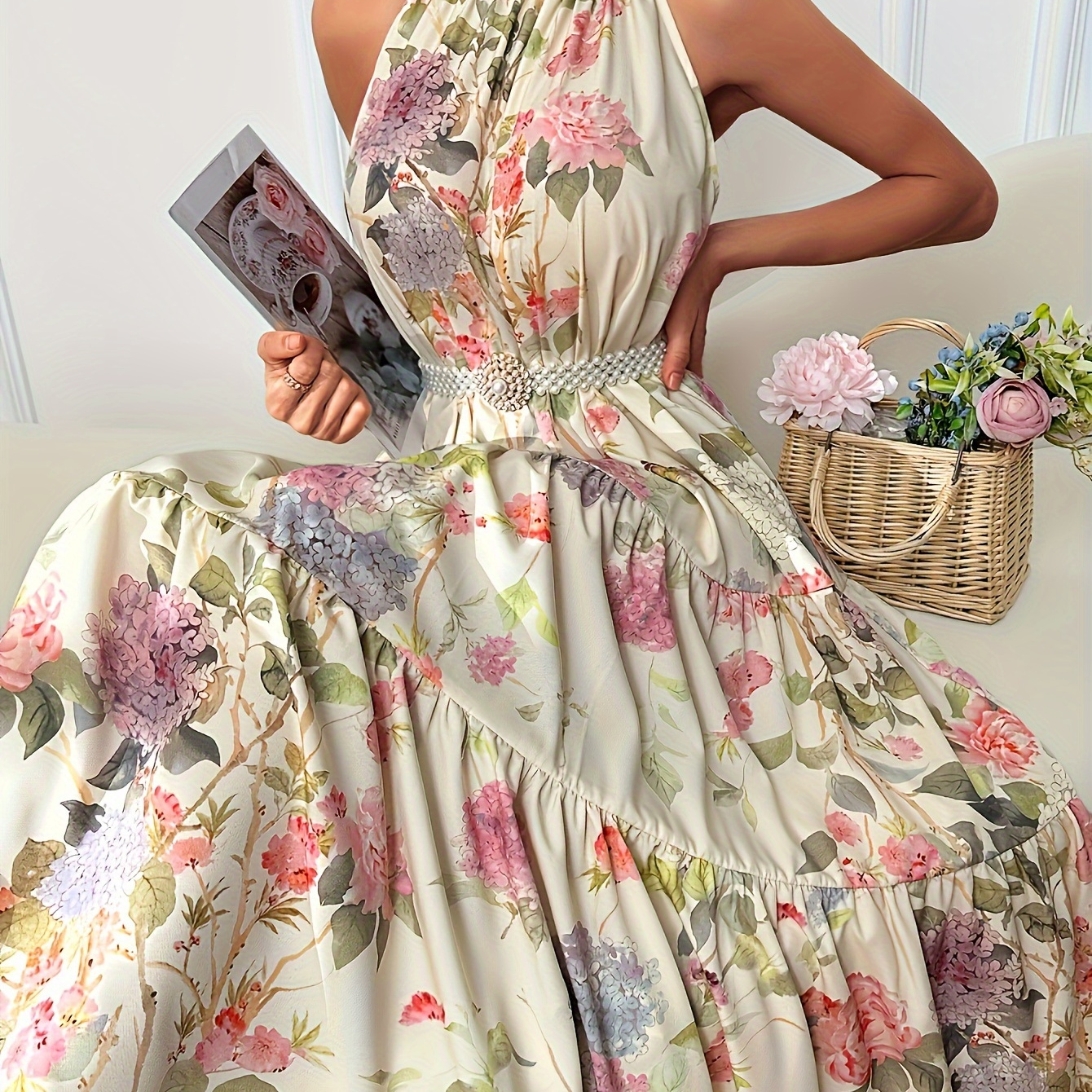 

Floral Print Tiered Halter Dress, Elegant Sleeveless A-line Dress, Women's Clothing