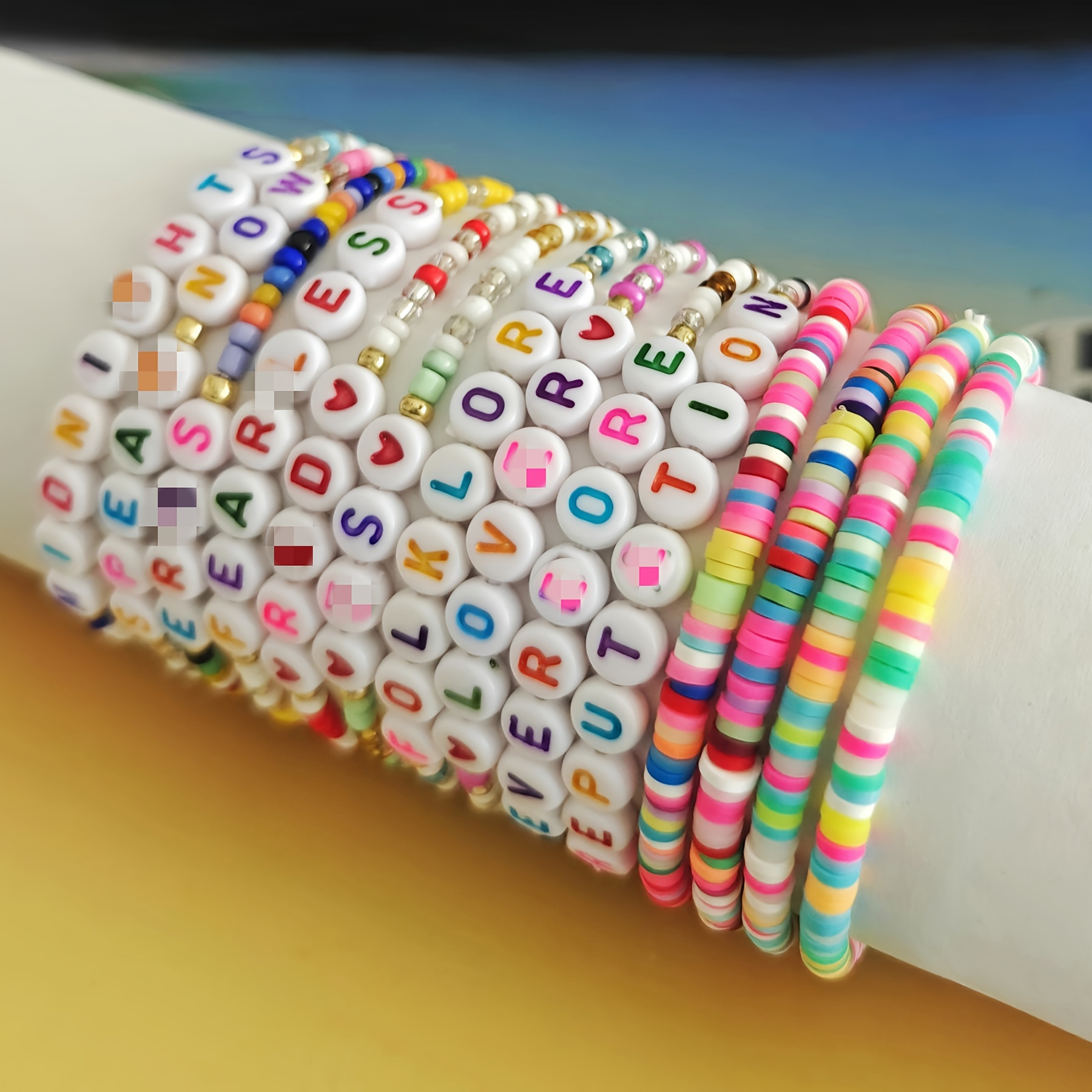 

14-piece Inspirational Letter Bracelet Set - Colorful Polymer Clay Beads, Perfect For Girls & Women, Fashionable Friendship Jewelry