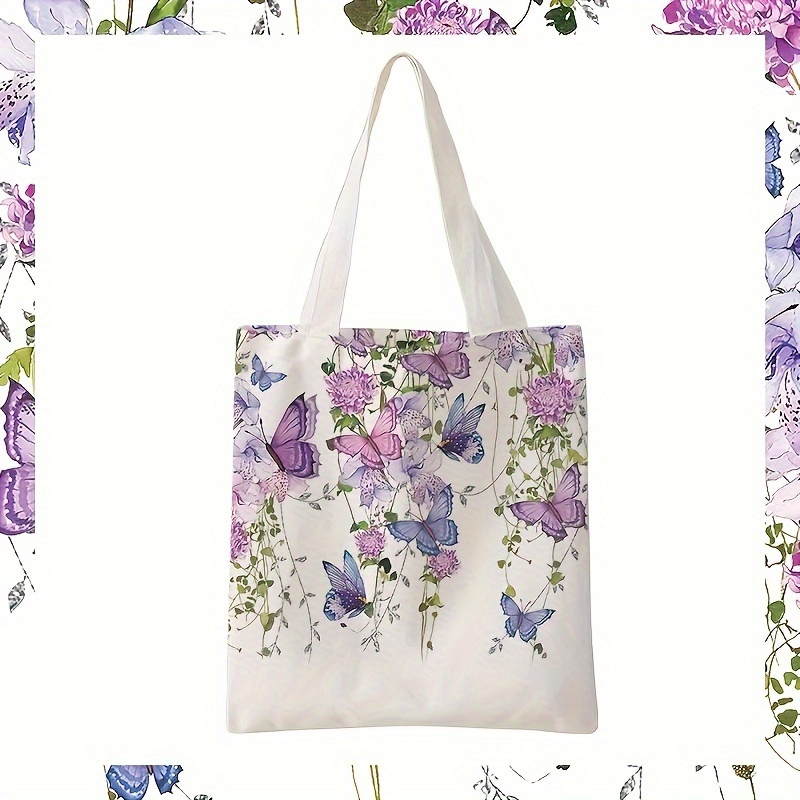 

Purple Butterfly Pattern Printed Casual Tote Bag, Lightweight Grocery Shopping Bag, Aesthetic Canvas Shoulder Bag For School, Travel