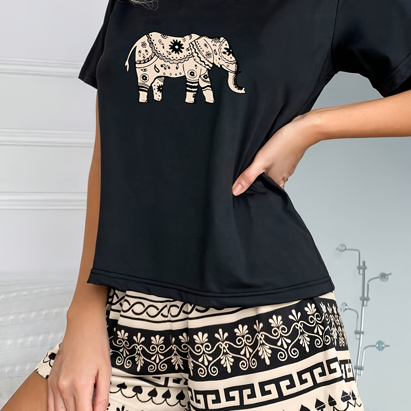 Conjunto de Pijama Casual con Estampado de Elefante para Mujer