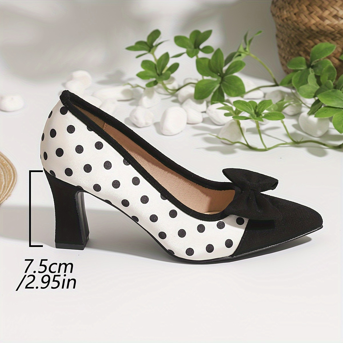 

Women's Elegant Bowknot Pumps, Shallow Mouth Slip On Polka Dot Chunky Heels, Point Toe Formal Shoes