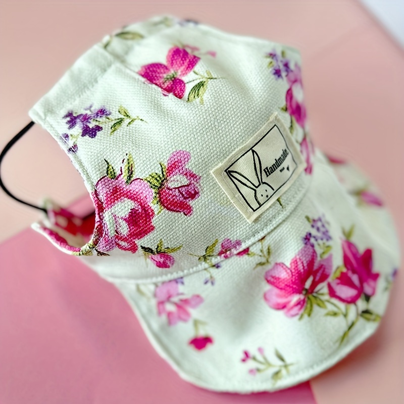 

Handmade Floral Pet Sun Hat With Adjustable Strap - Woven Polyester Duckbill Cap For Small To Medium Dogs & Cats, Outdoor Sun Protection With Ear Holes, All-season Comfort Accessory