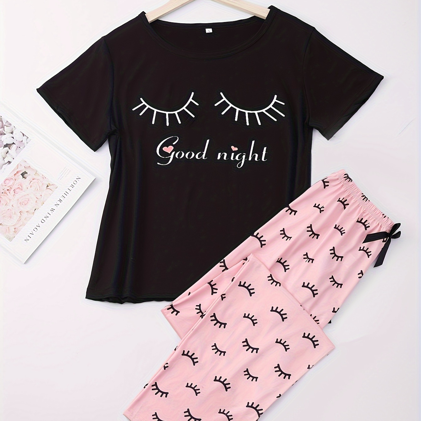 

Eyelash & Slogan Print Pajama Set, Casual Short Sleeve Round Neck Top & Bow Pants, Women's Sleepwear