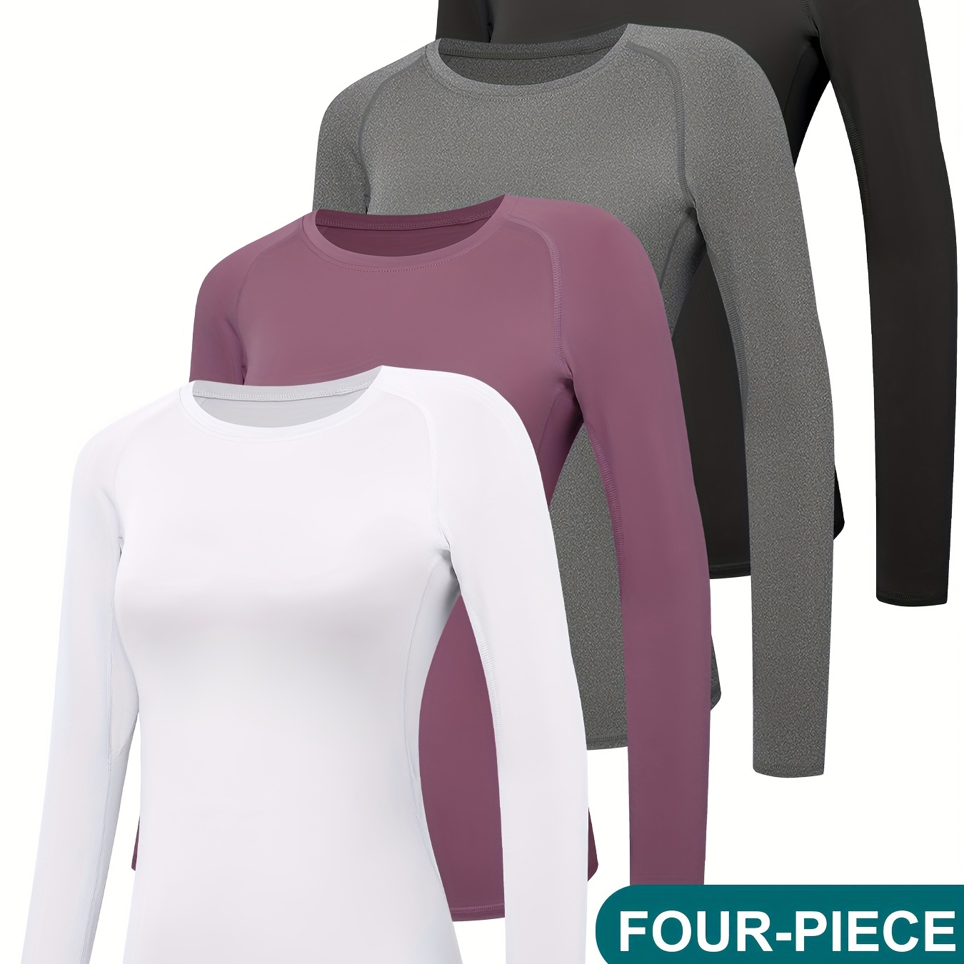 

4pcs Women's T-shirt, Long Sleeve Solid Color Workout Athletic Top, Women's Activewear