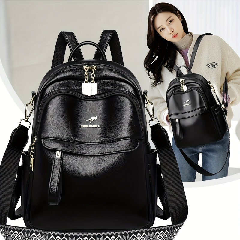 

2024 Korean Fashion Casual Pu Leather Backpack For Women - Black, Lightweight Water-resistant Stain-resistant, Adjustable Shoulder Straps With Zipper Closure And Polyester Lining, Vacation Travel Bag