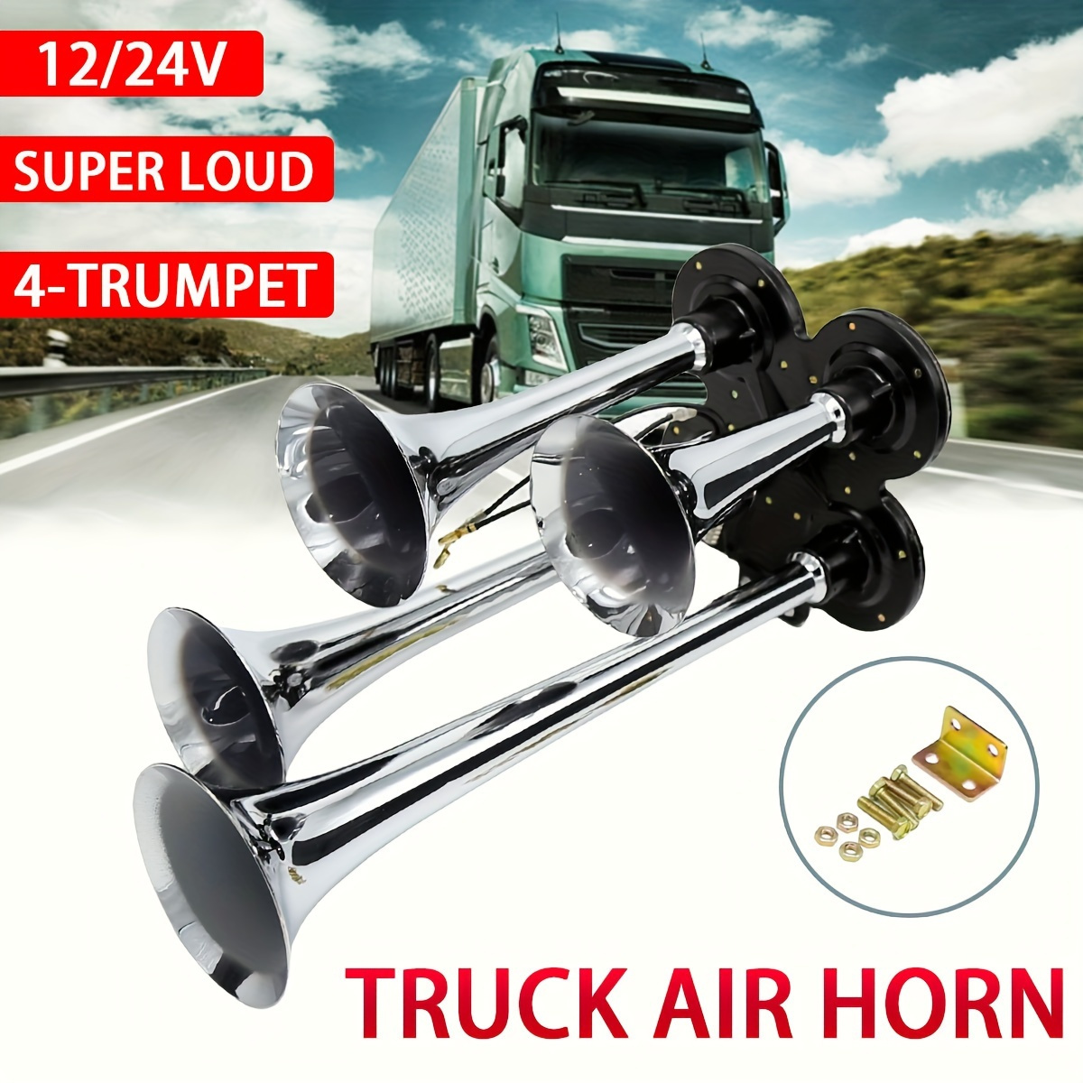  GENYS Kit de bocina de aire de coche de 130 DB, kit de bocinas  de camión con 2 trompetas ruidosas para camiones, automóviles, 12V/24V,  trompeta de bocina de Lorrys, bocina eléctrica