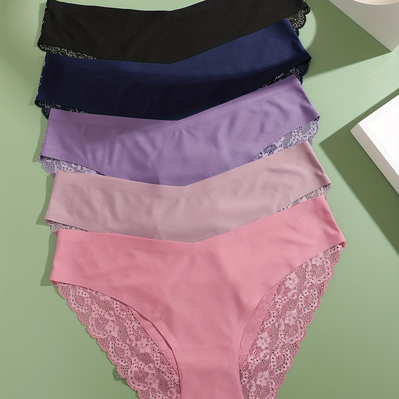 

5pcs Contrast Lace Briefs, Comfy & Breathable Scallop Trim Intimates Panties, Women's Lingerie & Underwear
