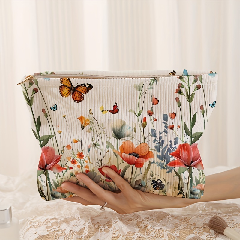 

Chic Floral & Butterfly Corduroy Makeup Bag - Lightweight, Zippered Cosmetic Pouch With Lining For Toiletries
