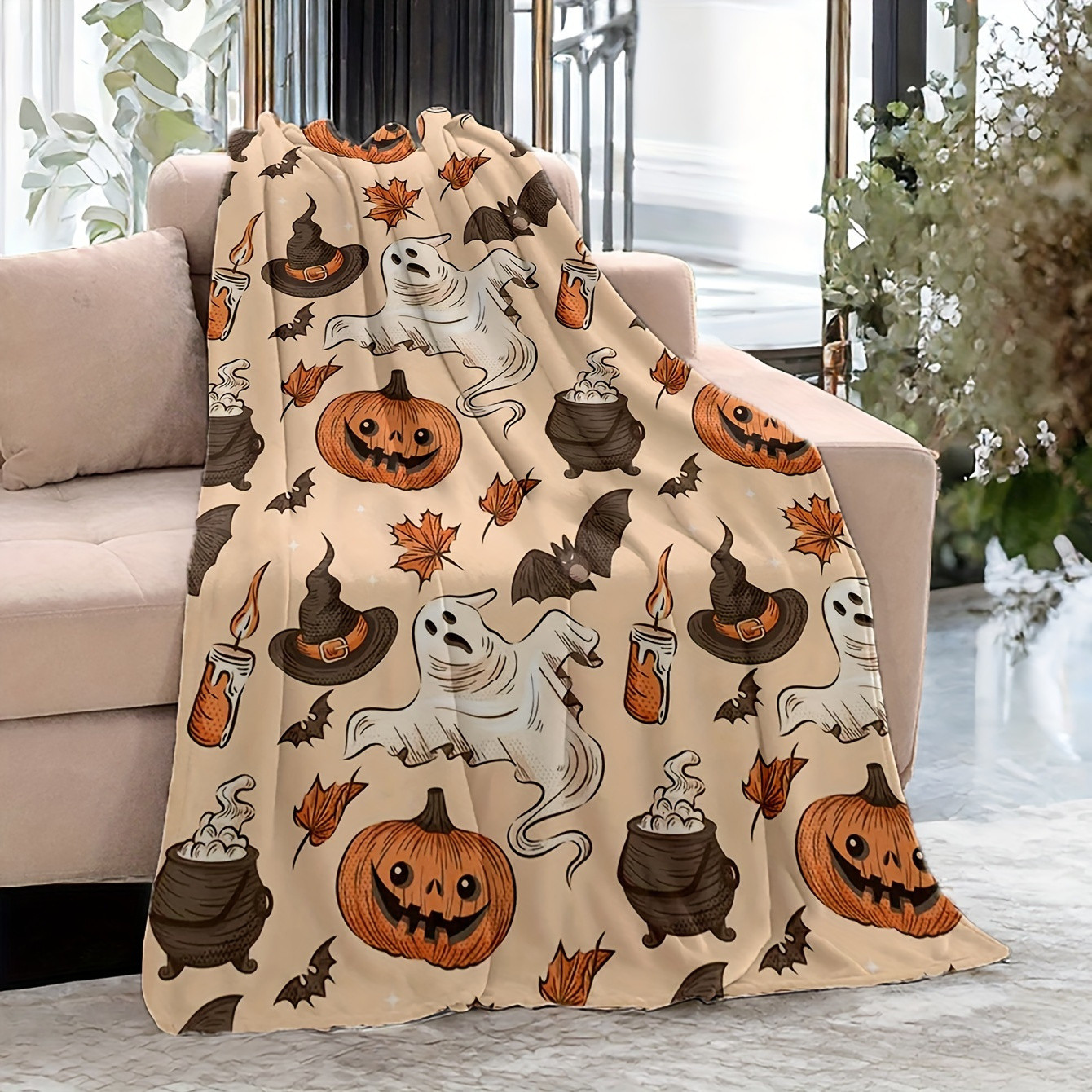 

Cozy Halloween Pumpkin & Ghost Print Blanket - Soft, Warm All-season Throw For Couch, Bed, Office, Camping & Travel - Perfect Gift For Sister