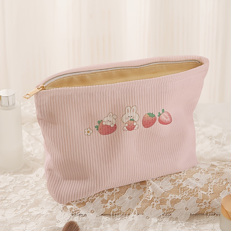 

Rabbit Strawberry Pattern Corduroy Makeup Bag, Lightweight Zipper Cosmetic Storage Bag Sweet Cute Style Versatile Toiletries Organizer, Gift For Women