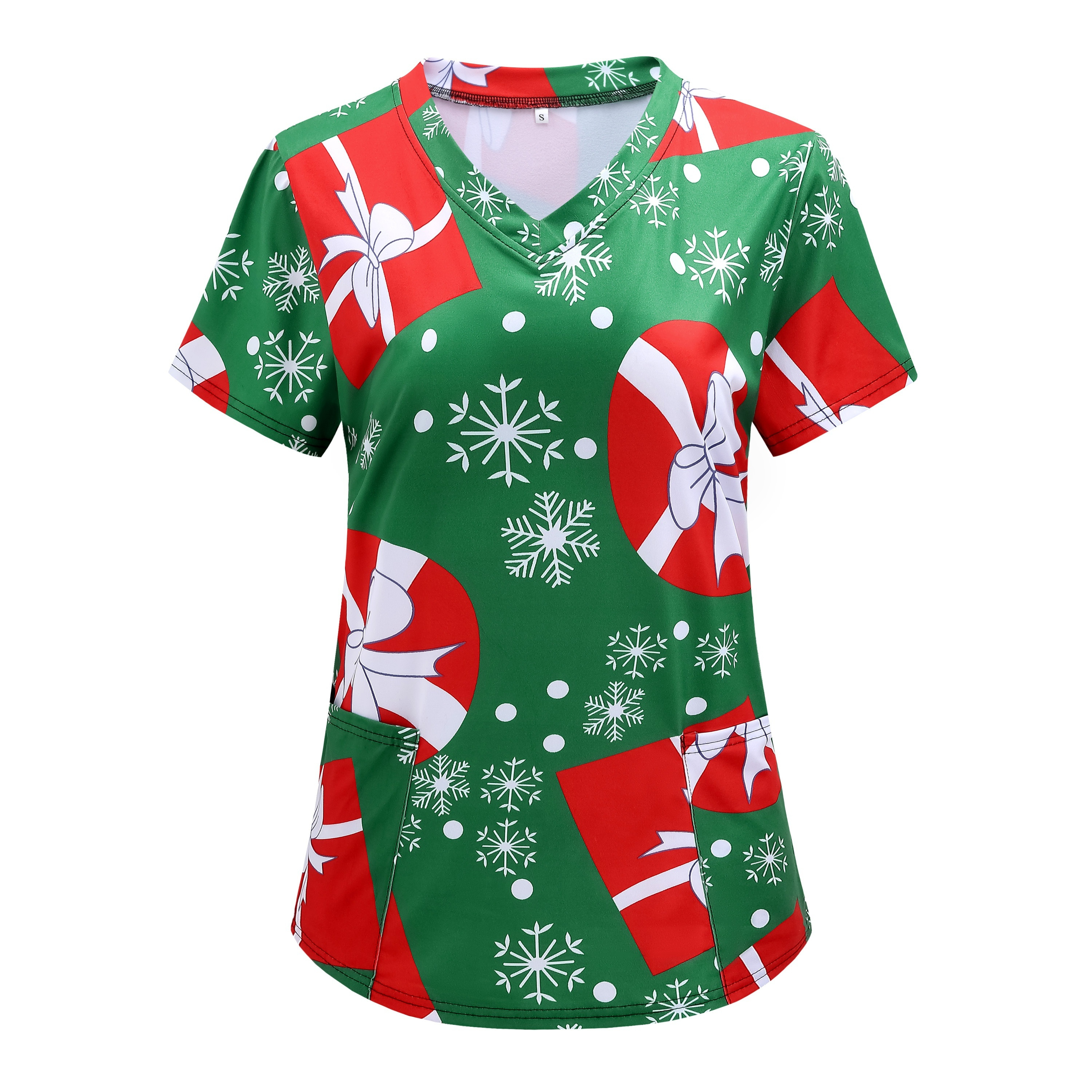 

Christmas Chic V-neck T-shirt For Women With Short Sleeves, Polyamide Blend, Slight Stretch Fabric, Fitted With Patch Pockets, Festive Snowflake And Gift Print