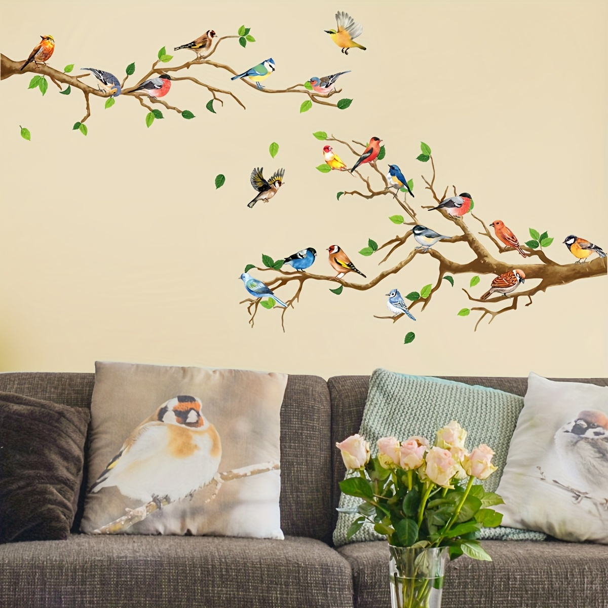 

4pcs Artistic Pvc Wall Decal, Colorful Birds On Branch Mural, Self-adhesive Removable Wall Art Sticker For Bedroom, Entryway, Living Room, Office, Porch, Background Wall Decor, Home Decoration