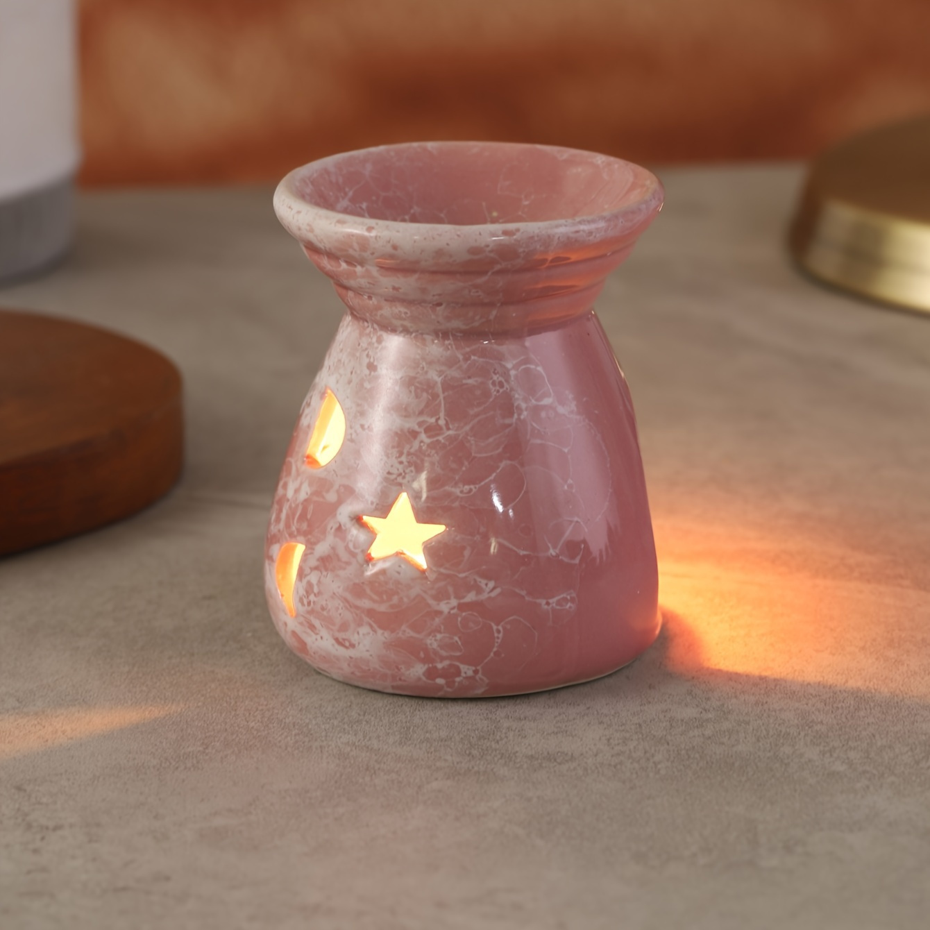 

1pc Ceramic Essential Oil Burner, Pink Marbled Wax Melt Warmer With Star And Moon Cutouts, Fragrance Diffuser For Home Decor