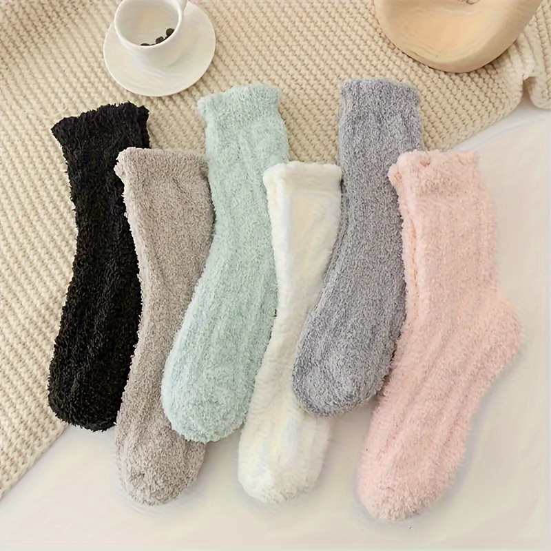 

6 Pairs Of Women's Coral Fleece Full Color Twisted Slipper Socks - Warm, Thick, And Soft For Home Use - Hand Wash Or Dry Clean - Pure Color Design - Knitted With Polyester And Elastane