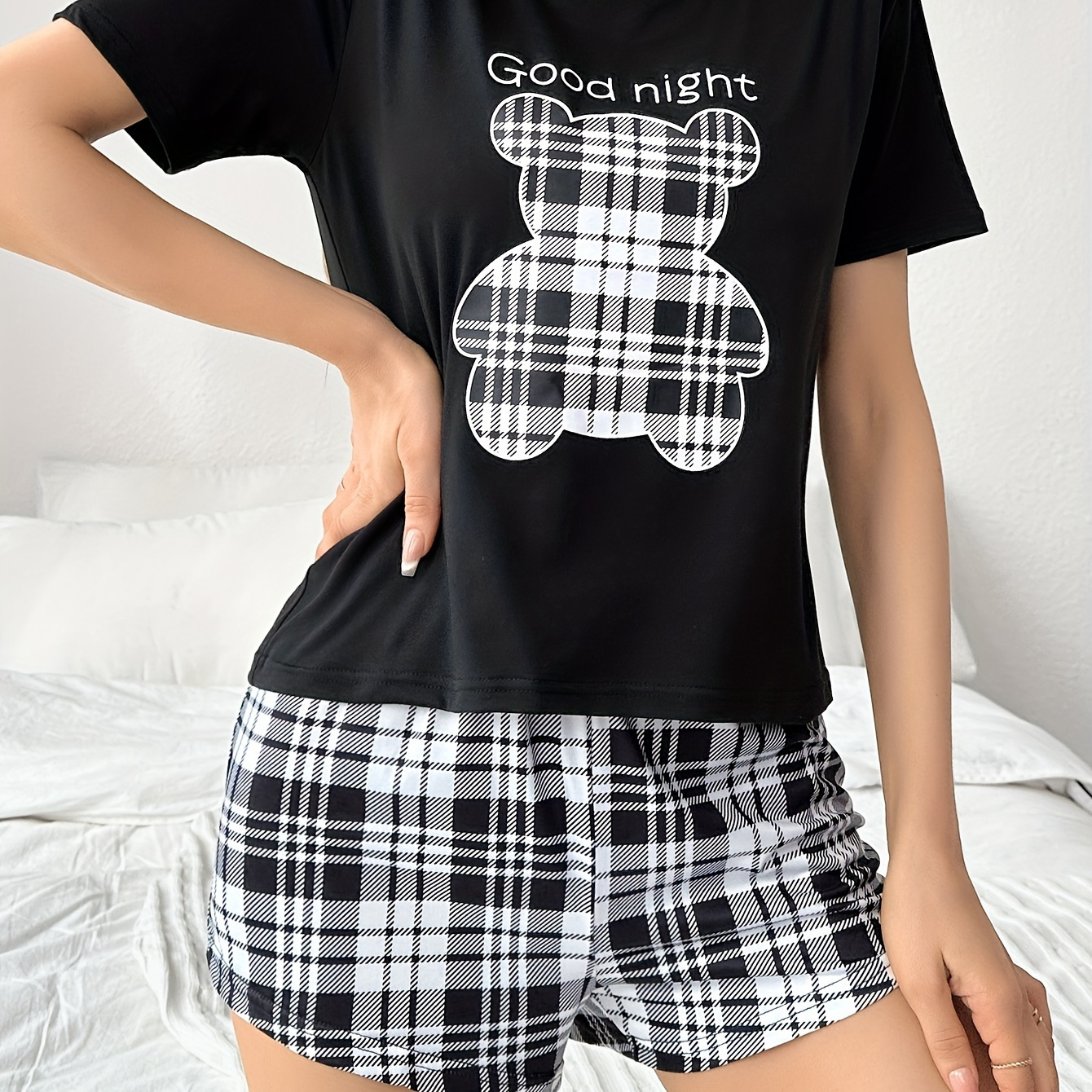 

Plaid Bear & Slogan Print Pajama Set, Casual Short Sleeve Round Neck T-shirt & Shorts, Women's Sleepwear