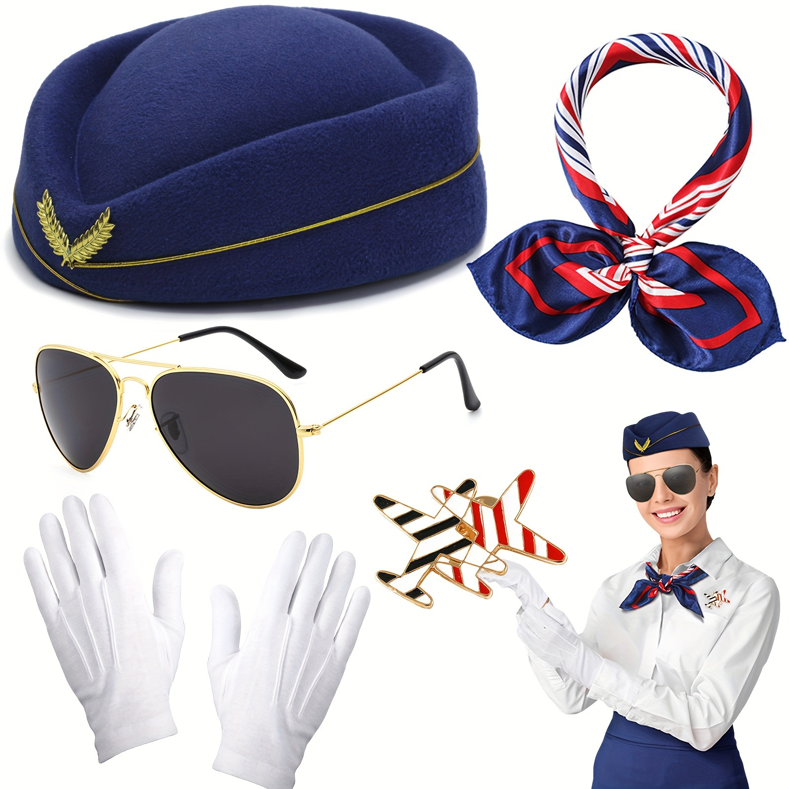 

6pcs Costume Accessories Set, Airline Stewardess Fancy Dress Kit With Hat Scarves Brooch Sunglasses Gloves Cosplay Outfit For Adults Girls Cosplay Career Dress Up Party, Dark Blue