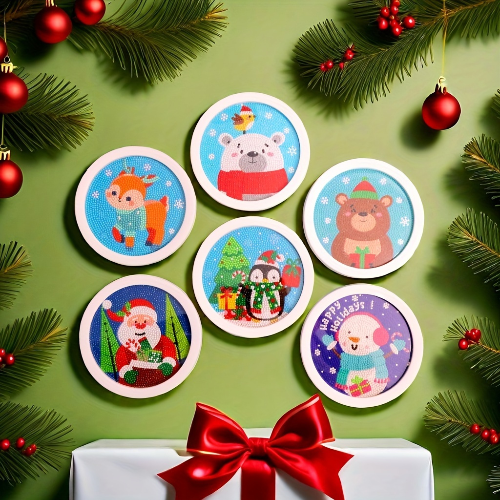 

Diy Christmas Diamond Painting Kit With Round Diamonds - Santa & Animals Design, Includes 6.5" Frame -