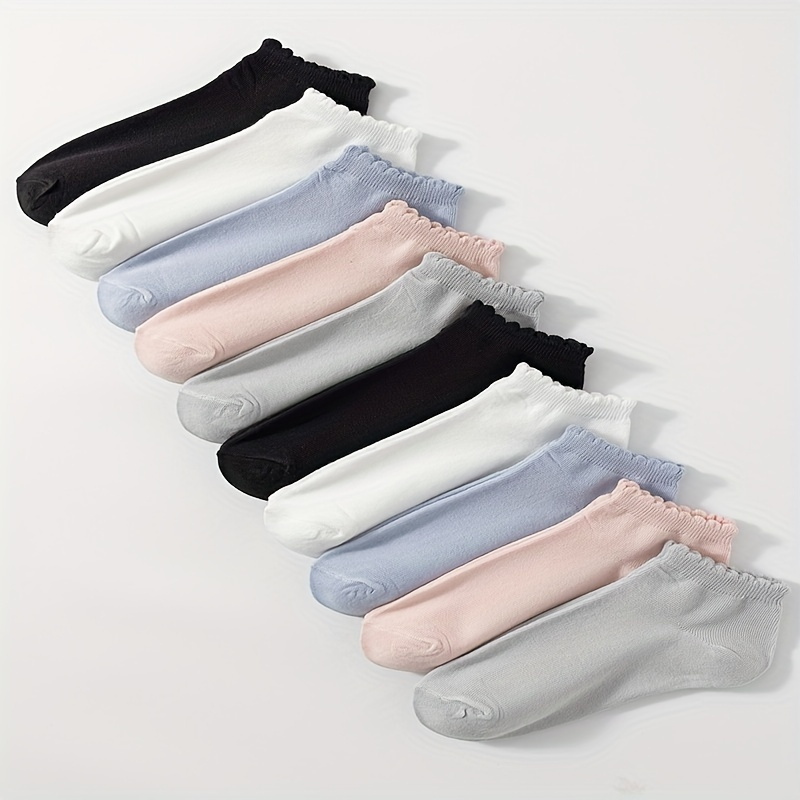 

10 Pairs Simple Solid Socks, Comfy & Breathable Ruffle Short Socks, Women's Stockings & Hosiery
