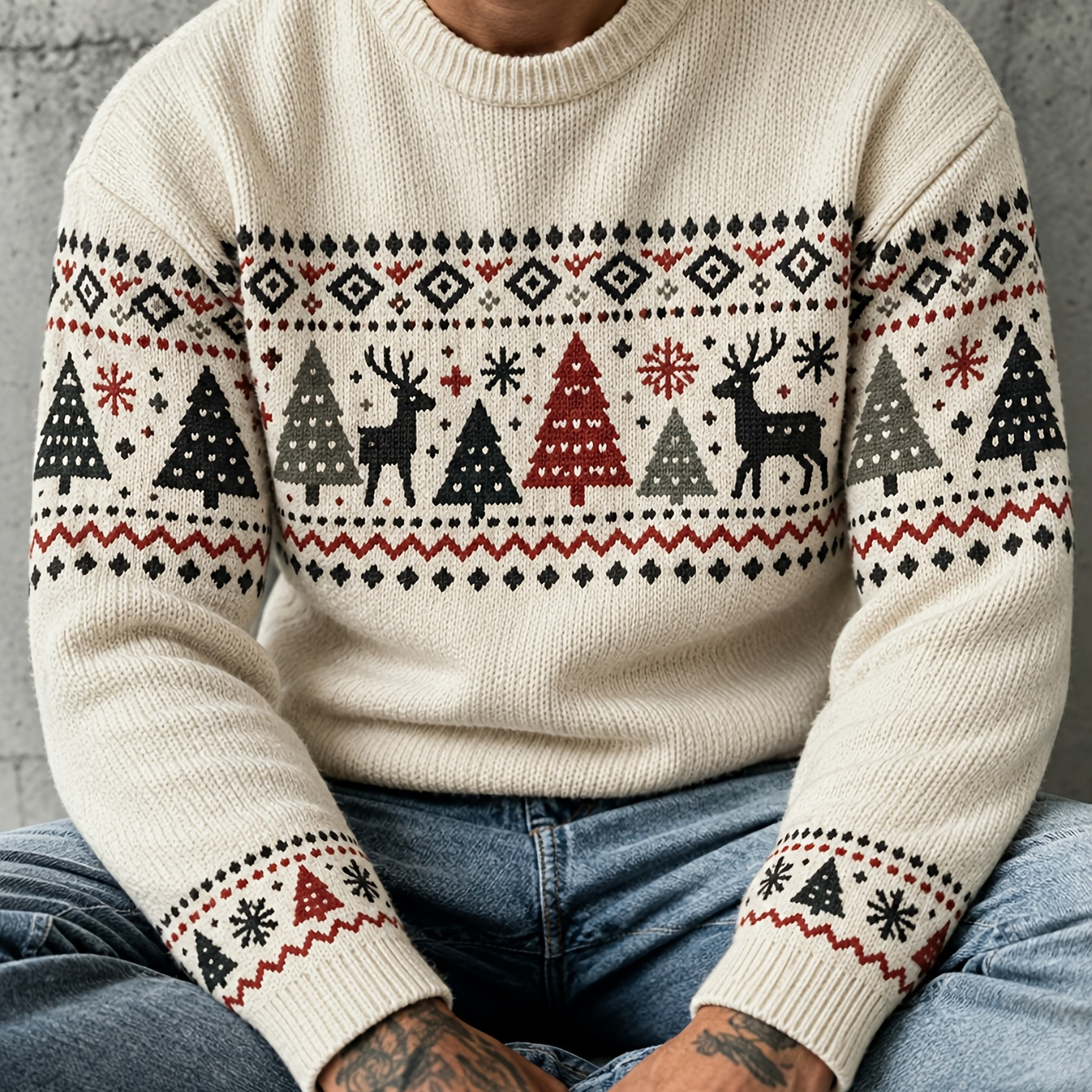 Suéter para hombre con árbol de Navidad y copo de nieve en crema, y rojo - Pulóver esti...