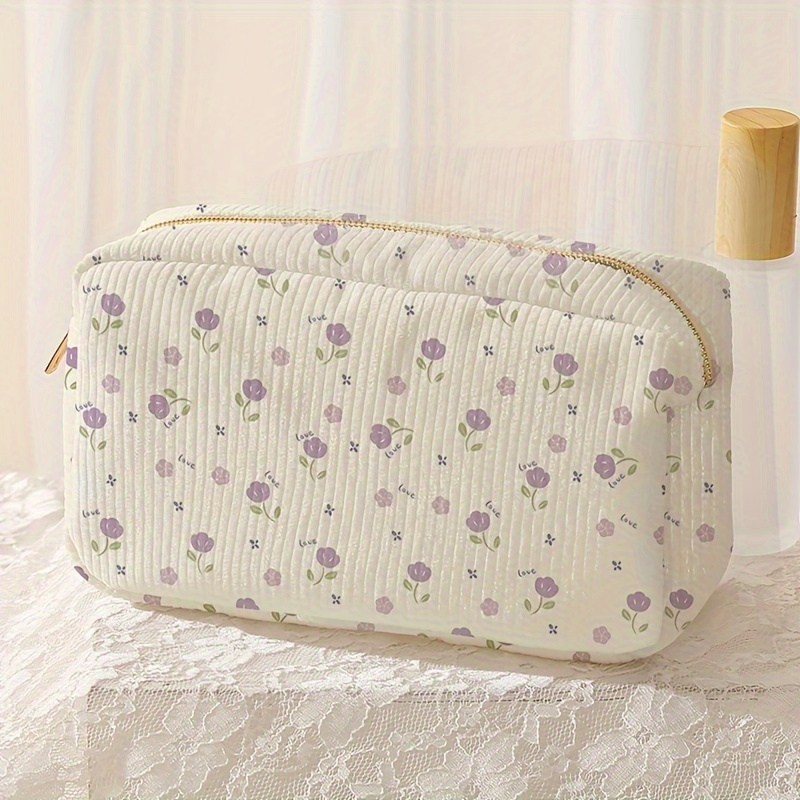 

Chic Floral Corduroy Makeup Bag For Women - Spacious Travel Cosmetic Organizer With Zipper, Non-waterproof Polyester