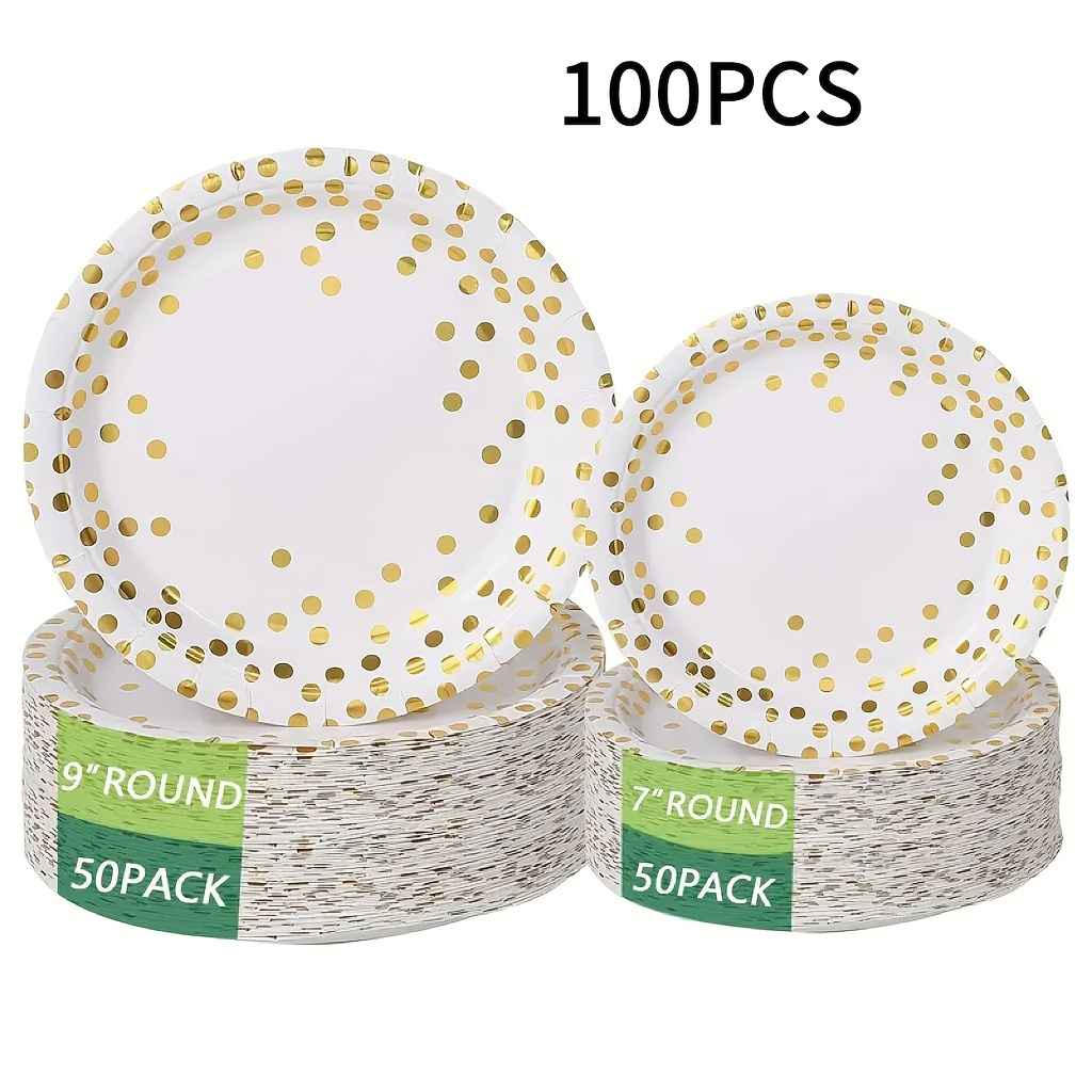 White and Gold Party Supplies 200pcs Disposable Paper Set Includes 9paper  Plates, 7paper Plates, 12oz Cups and Napkins, Serves 50 