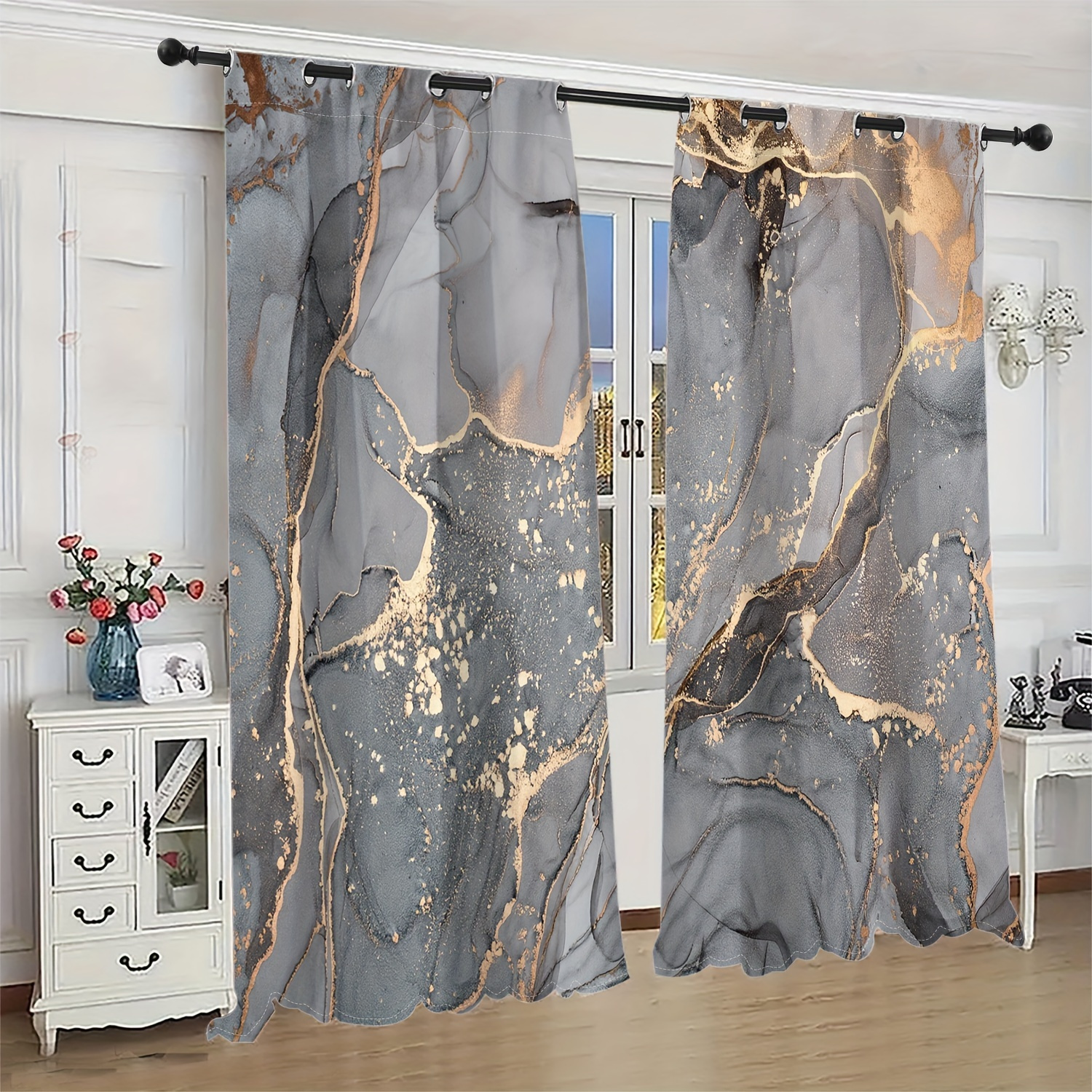 

2 Pieces, Nordic Light Luxury Golden Foil Hazy Marble Digital Printing Living Room Curtains, 12 Punched Curtains Living Room Furniture Decoration