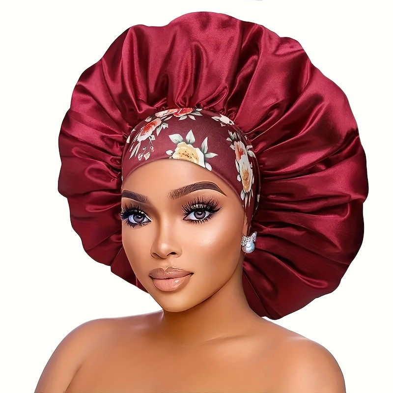 

Une coiffe de nuit en satin floral à large bord pour femmes, conçue pour les cheveux bouclés, un ajustement confortable, un chapeau élégant réutilisable.