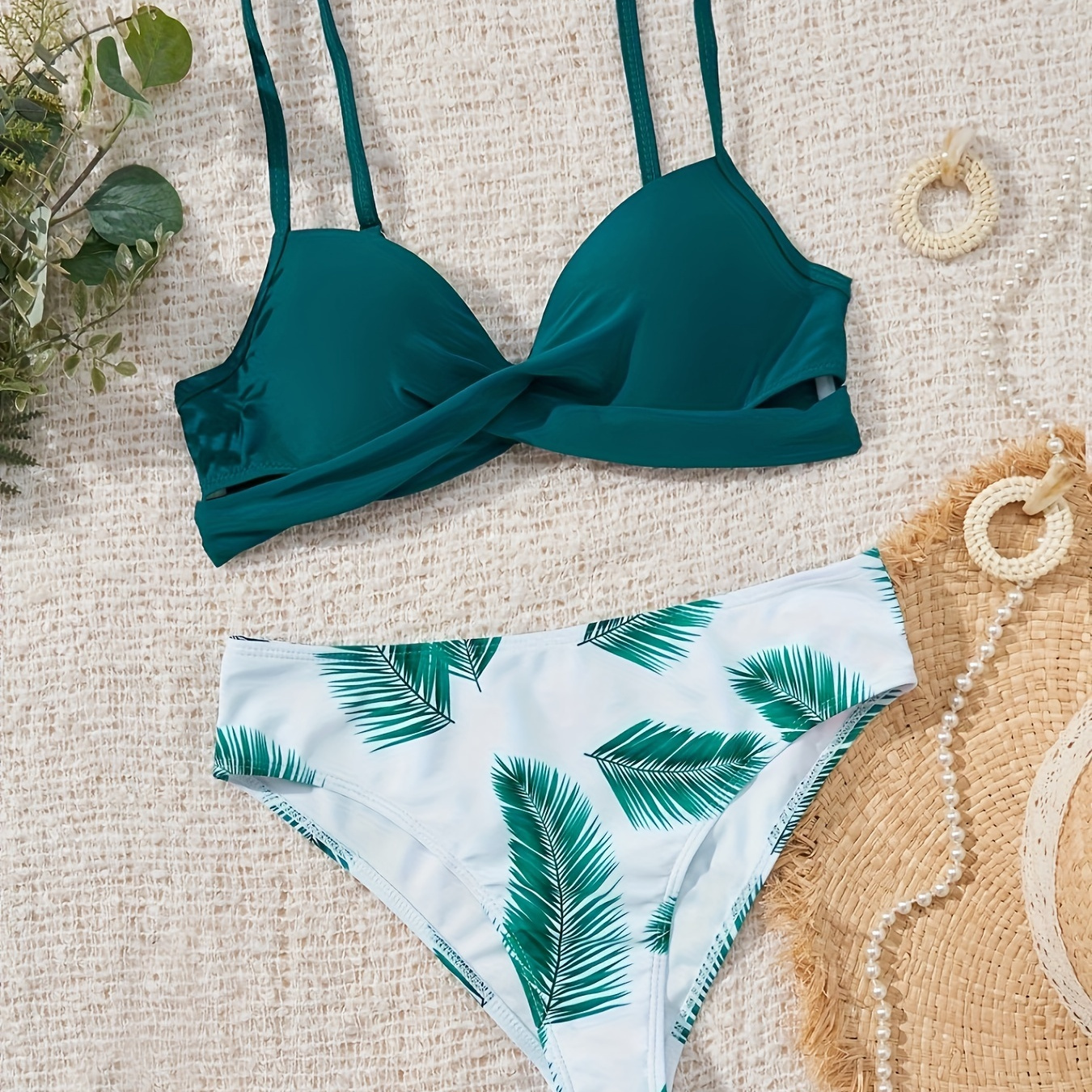 

Tropical Print 2 Piece Set Bikini, Layered V Neck High Cut Swimsuits, Women's Swimwear & Clothing