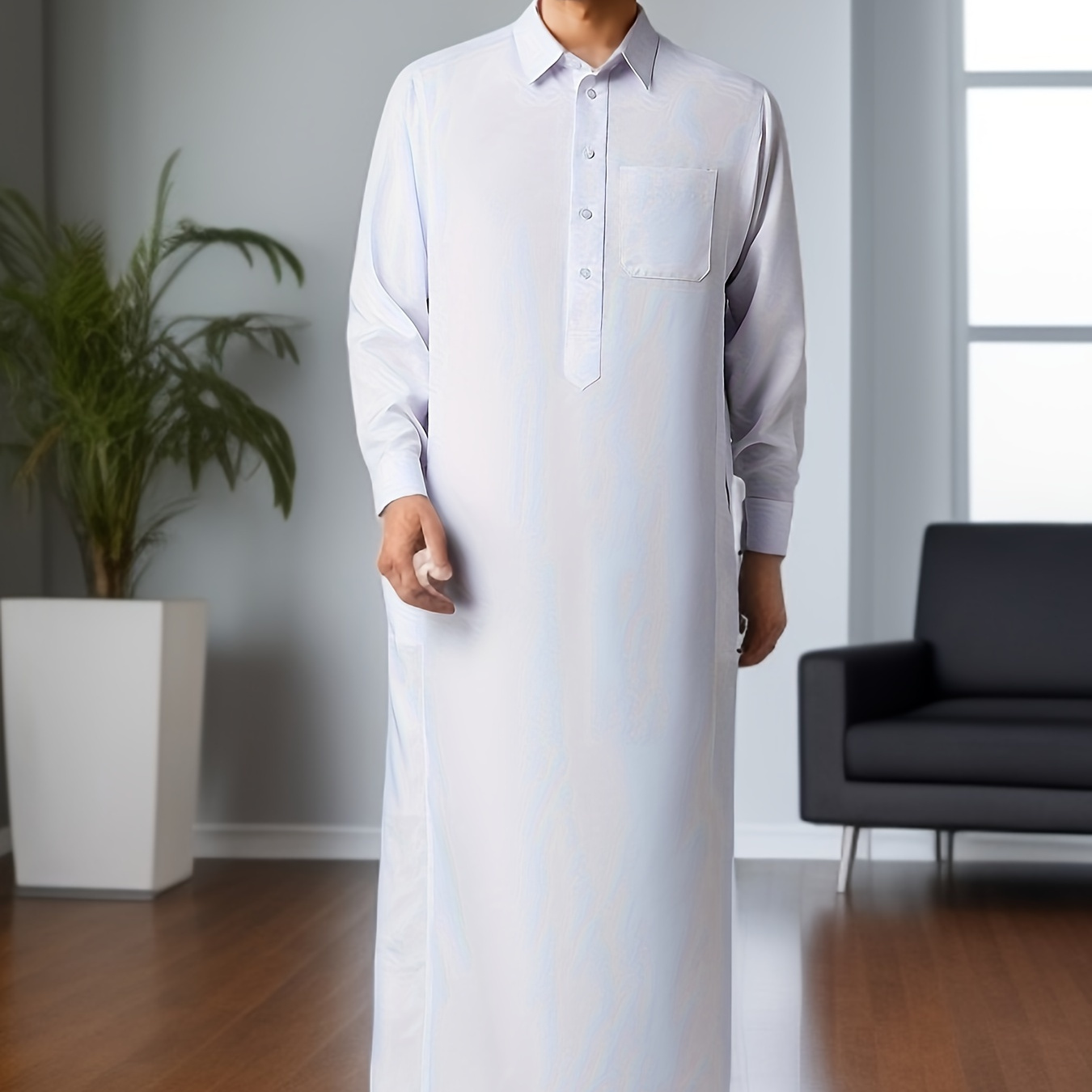 

Eid Al-adha Men's Long Sleeve Solid Lapel Kandora, Arabic Long Gown Thobe For Men, Ramadan, Eid Al Adha