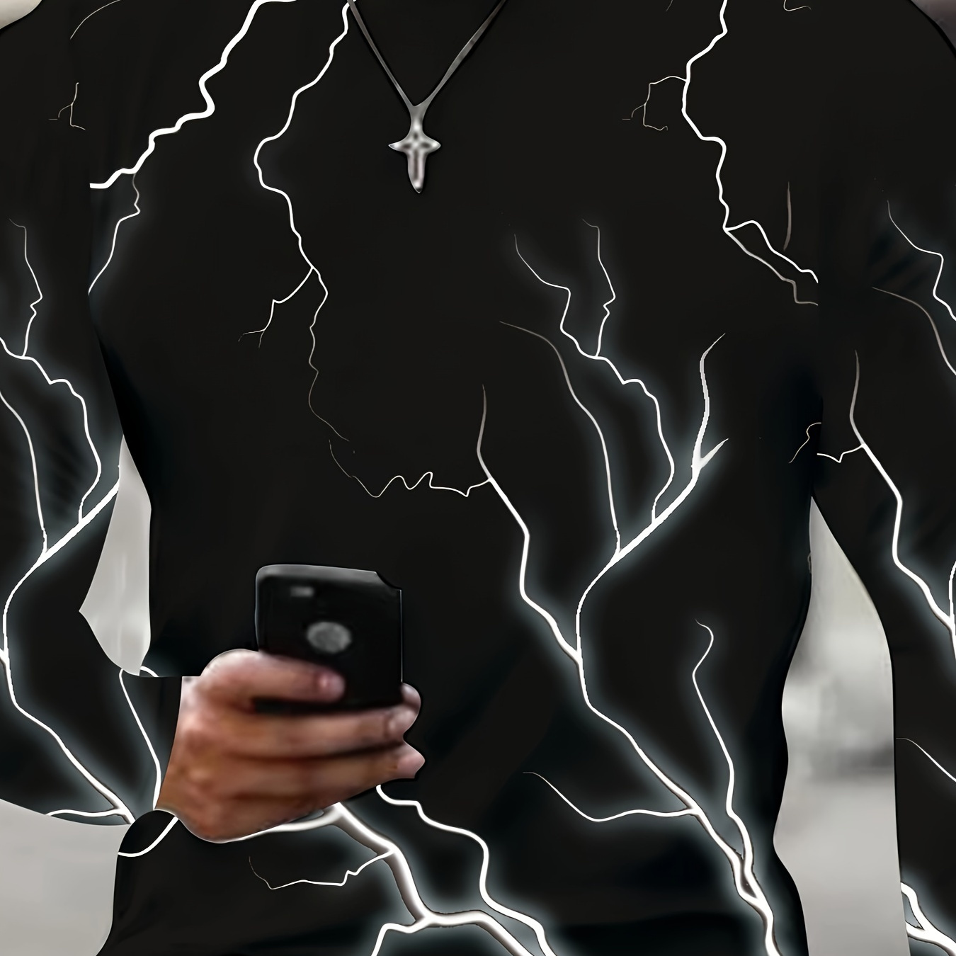 

Lightning Print Men's Fashion Street Long Sleeve Crew Neck T-shirt, Spring Fall Outdoor